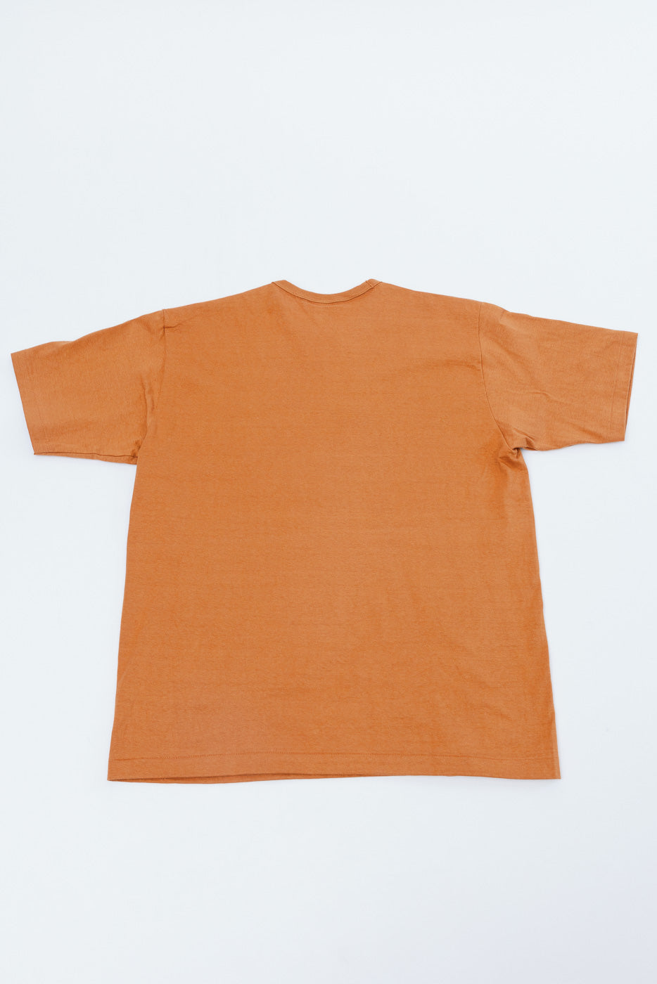 Flat lay showing the back of a copper-colored short sleeve t-shirt.
