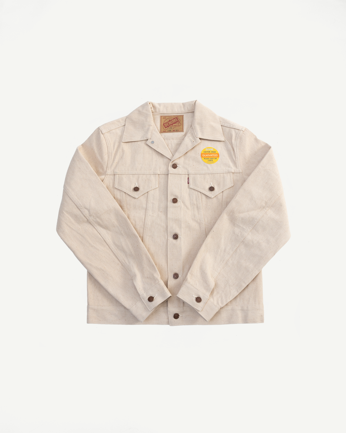 Front flat lay of Warehouse & Co Denime Lot 66M ecru denim jacket, collar, buttons, chest pockets visible.