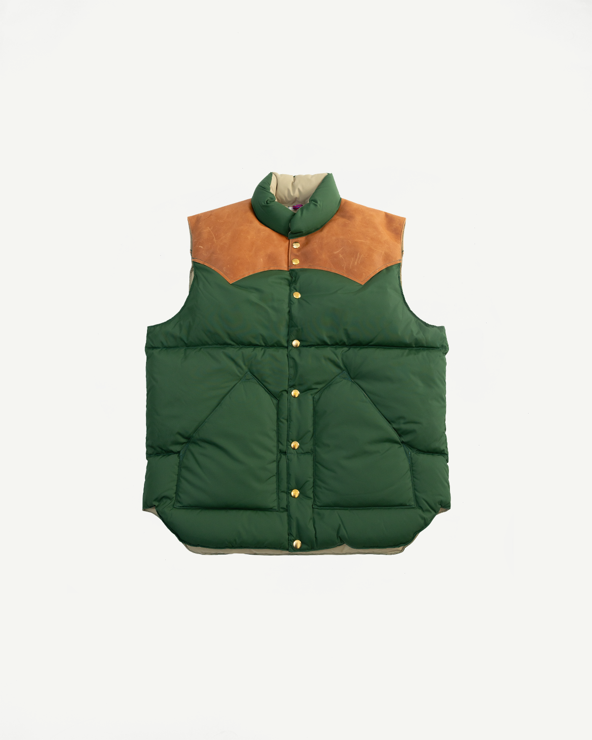 Front view flat lay of bottle green nylon down vest with tan yoke, gold snap buttons, and high collar