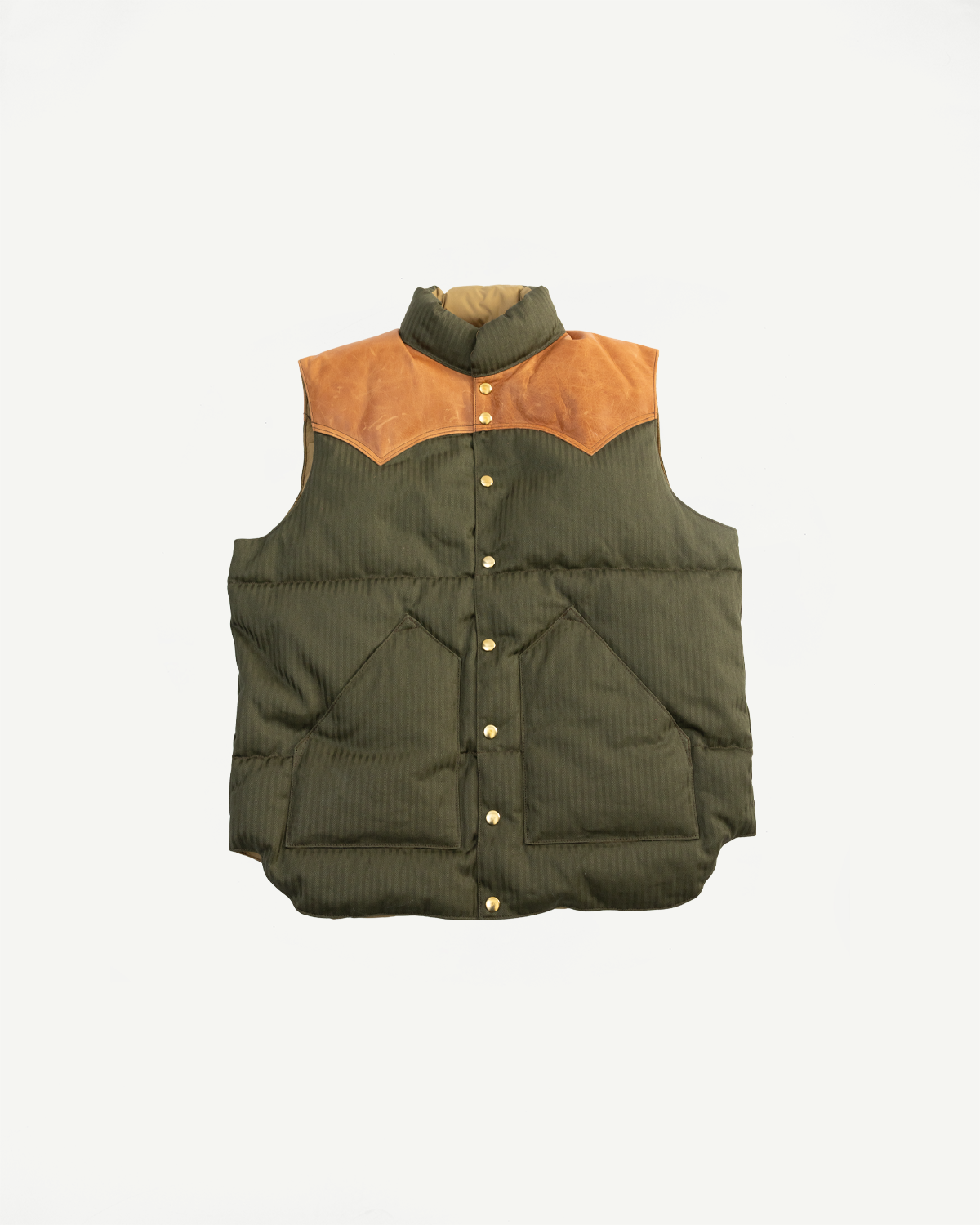 Front view flat lay of OD green HBT down vest with brown leather yoke and gold buttons, Dant apparel
