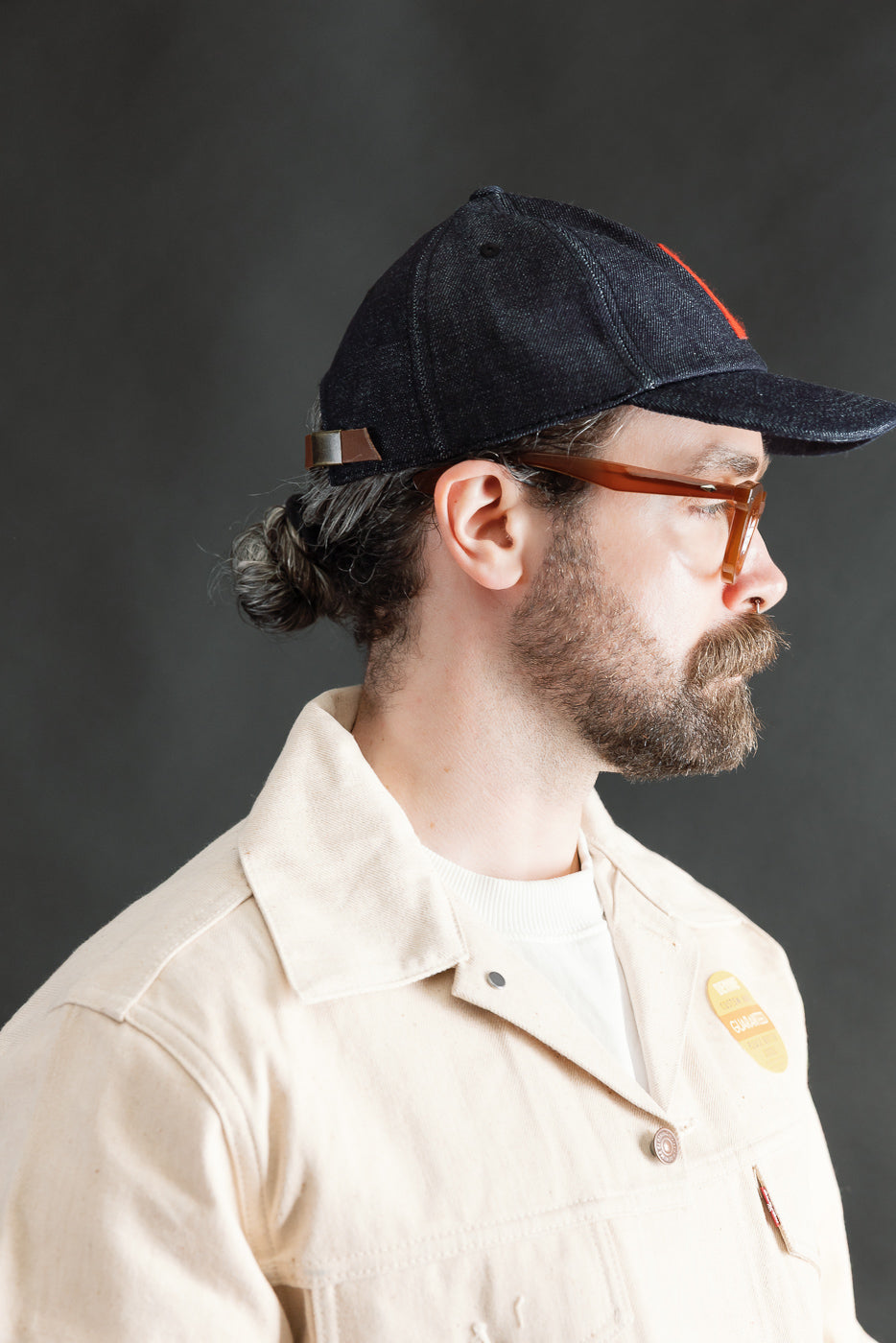 Side view close-up of Warehouse Lot 303 Strong Denime d-indigo baseball cap on male model, 5'9