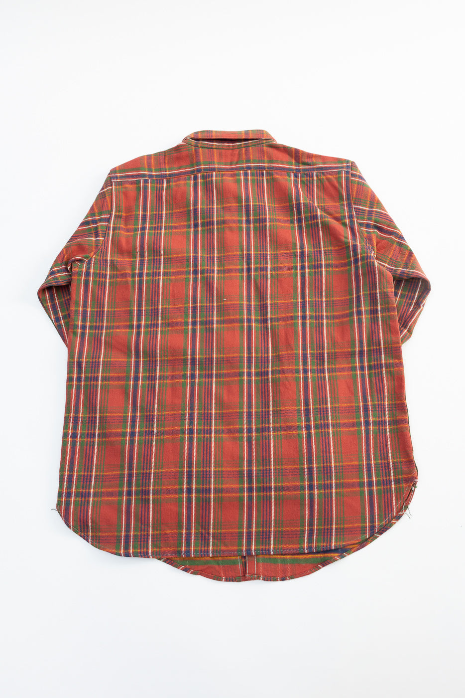 Flat lay of Warehouse Lot JG-06 1940s Storm Shirt in red plaid, back view, showing curved hem and yoke detail.