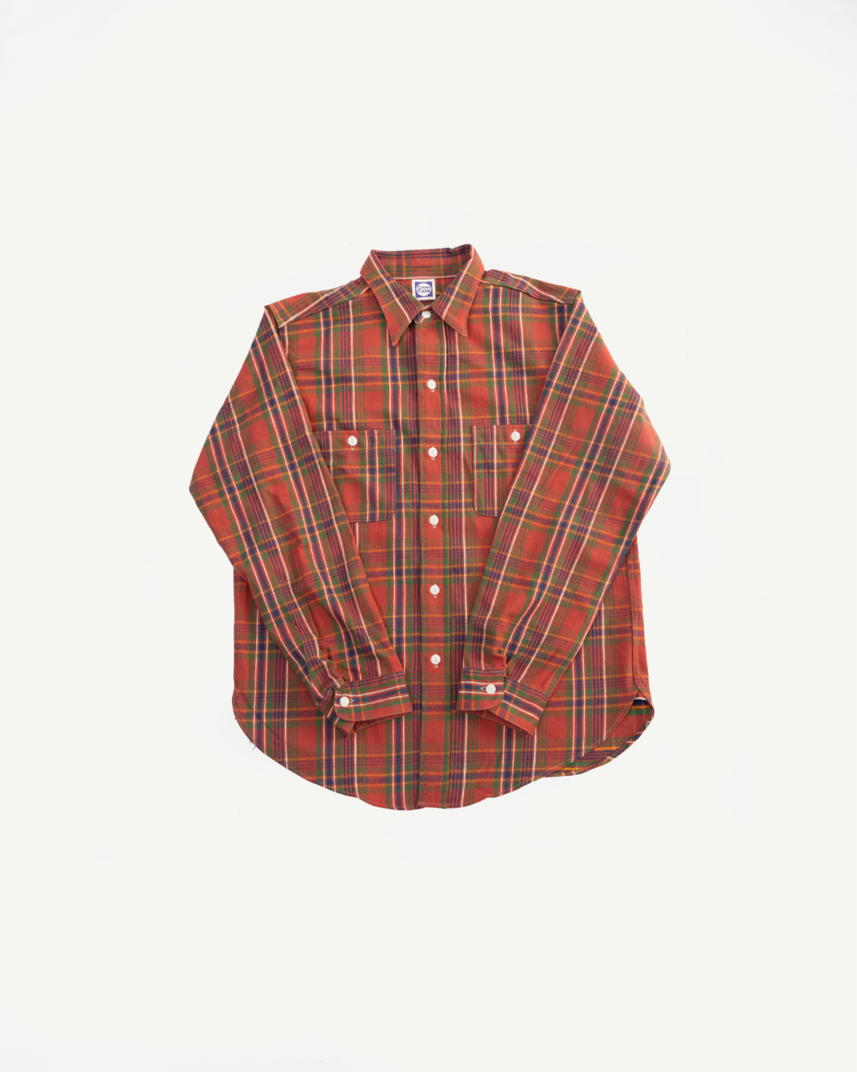 Flat lay of Warehouse Lot JG-06 1940s red plaid storm shirt, front view, chest pockets, button-down collar, long sleeves.