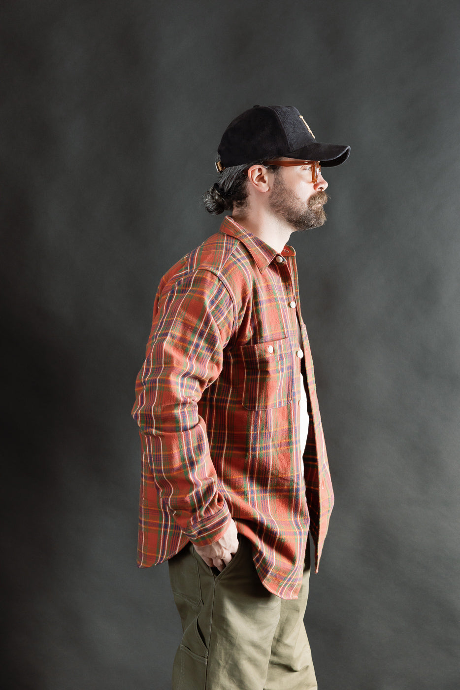 Male model 5'9 165lbs athletic build wearing red plaid shirt side view, front body