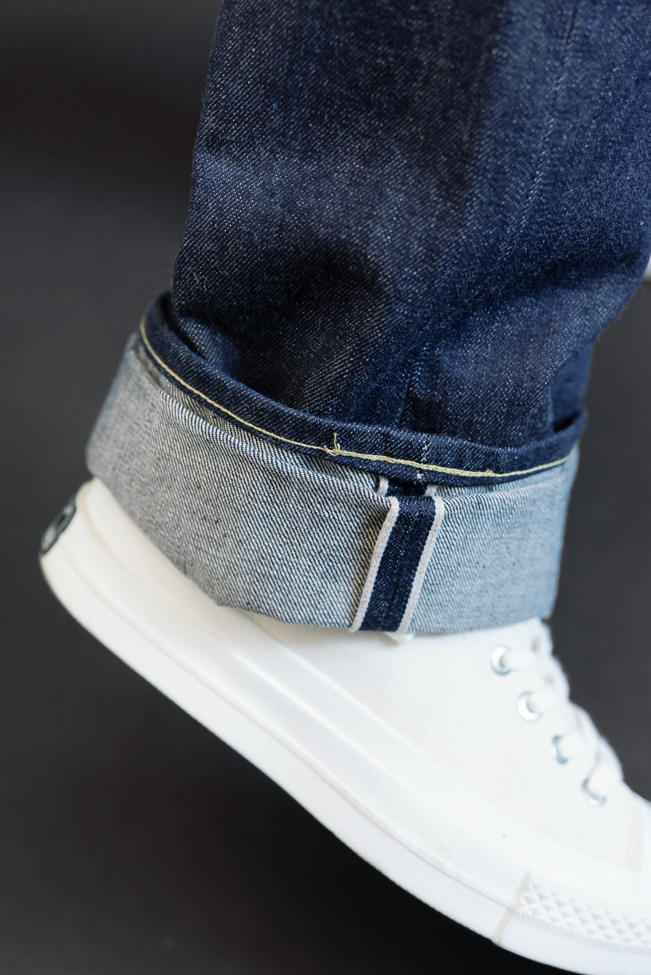 Close-up of cuffed selvedge denim jeans hem on a 5'9