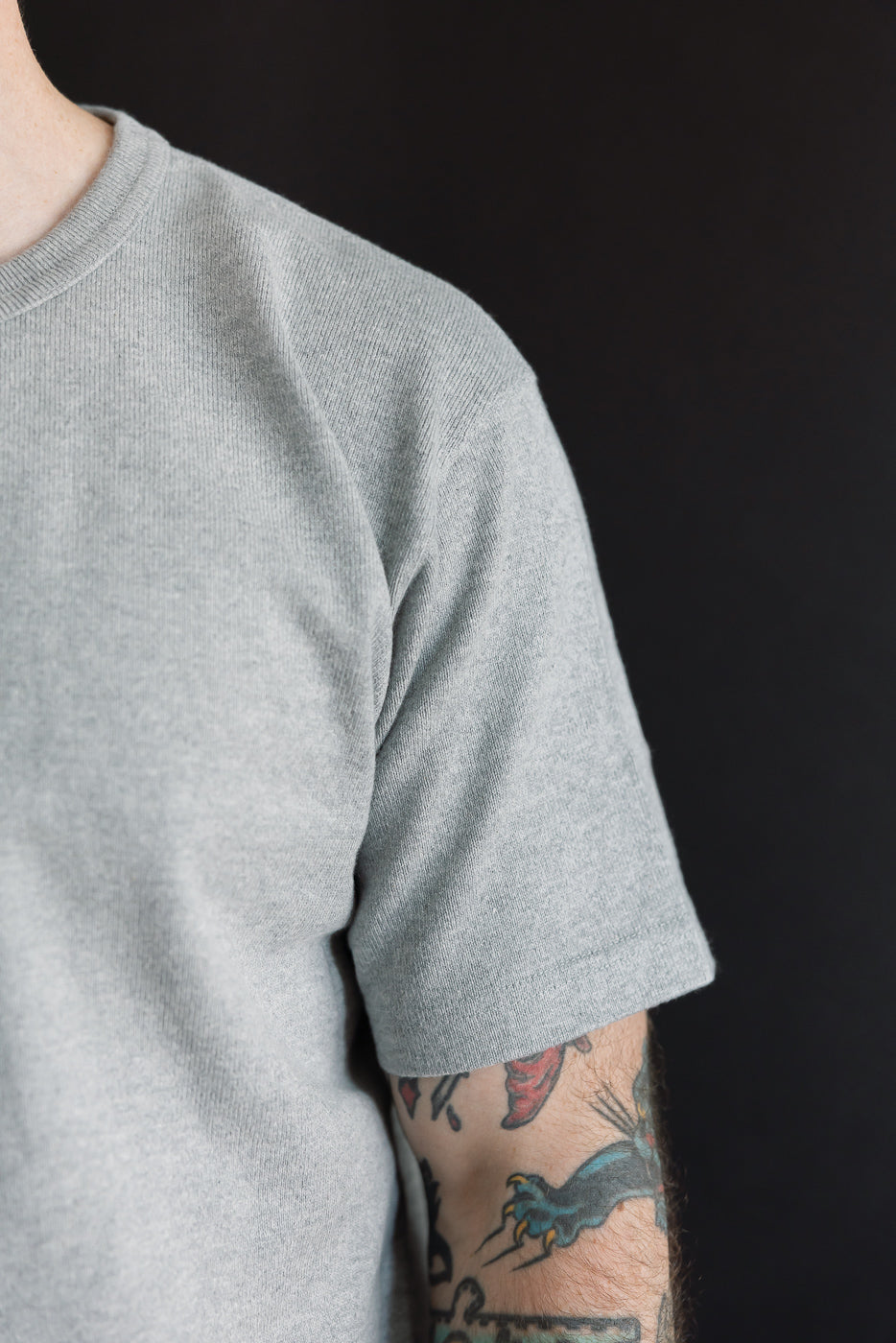 Close-up of the left sleeve and shoulder of a grey crew neck t-shirt on a male model.