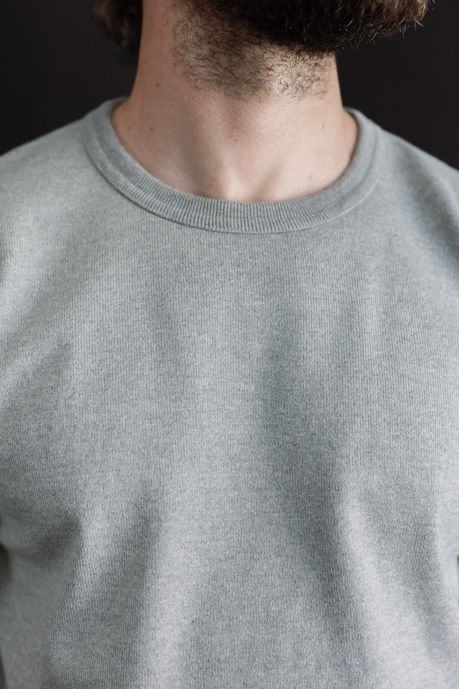Close-up front view of a grey crewneck sweater on a male model, 5'9
