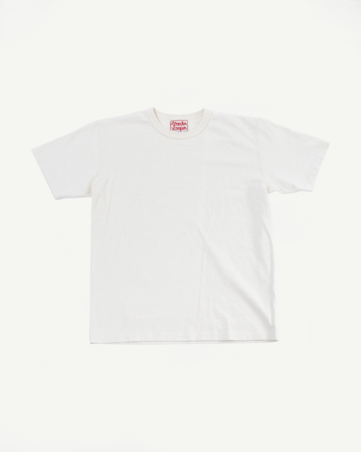 ELS Recycled Cotton Slub Crewneck T-Shirt - Ecru, flat-lay on white background, showcasing its plain design and modern athletic fit, with a small red label inside the collar.