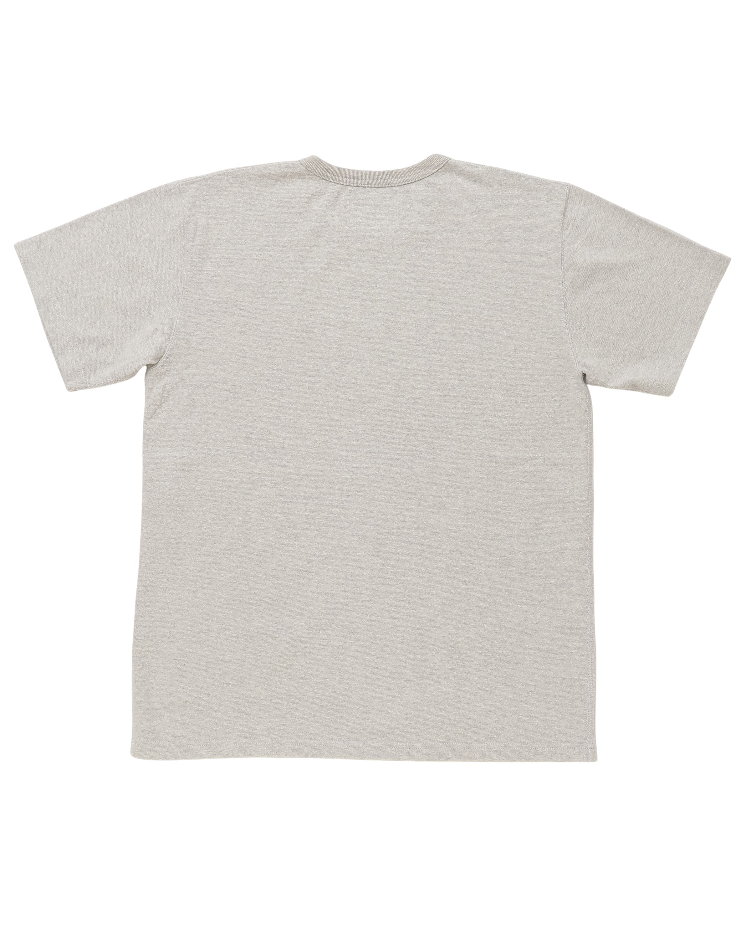 Flat lay of heather grey crewneck t-shirt, back view, recycled cotton slub fabric, short sleeves.