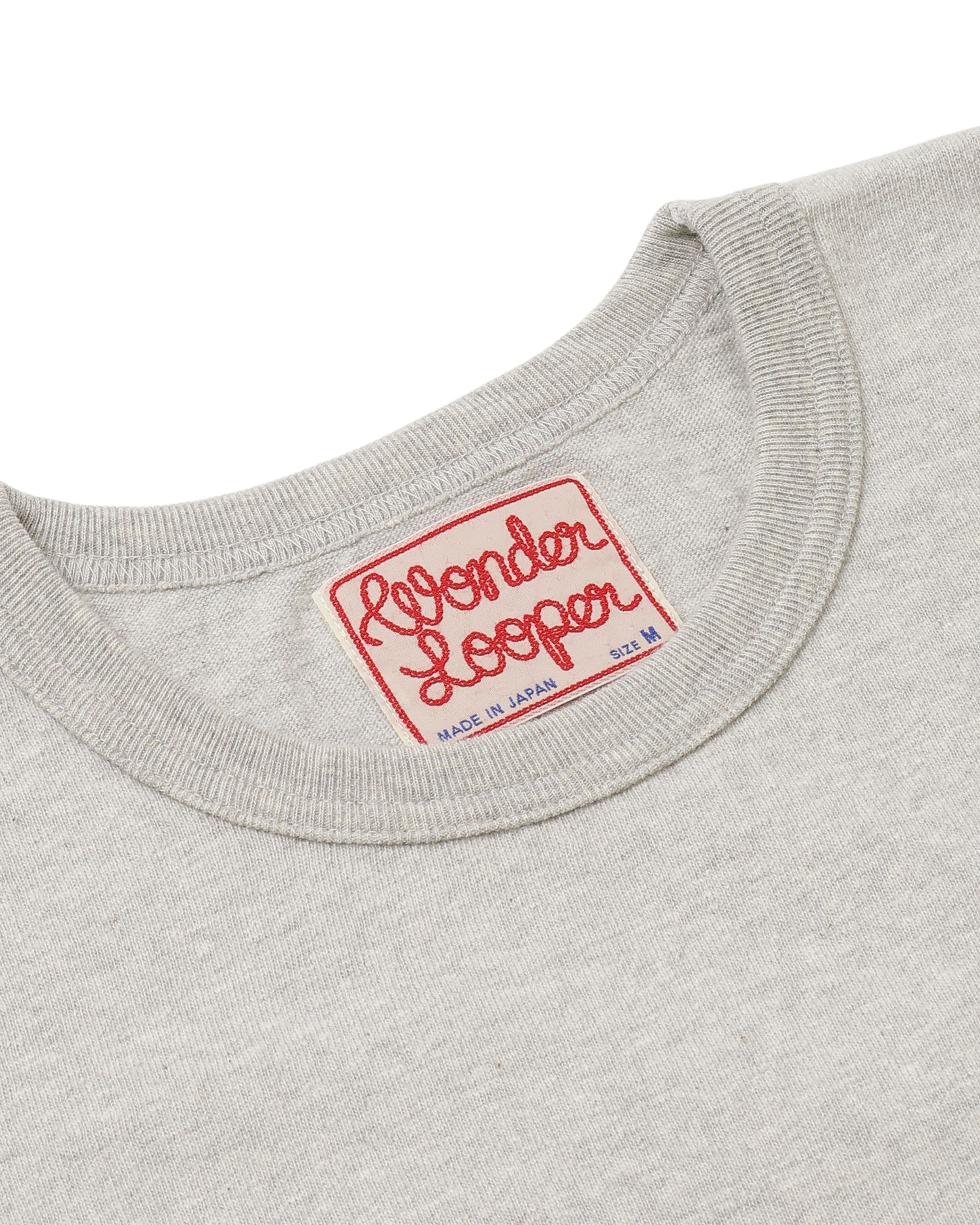 Close-up of front heather grey crewneck t-shirt collar, showing fabric texture and neck tag detail.