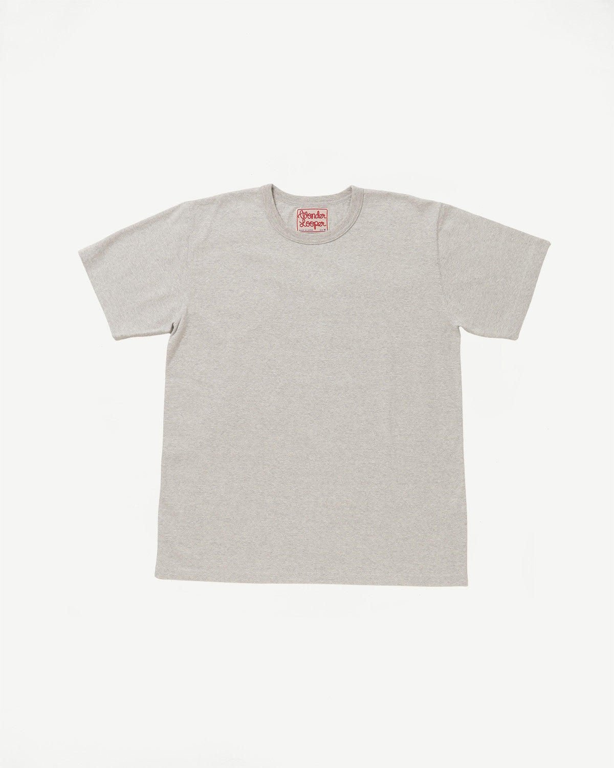 Flat lay of heather grey recycled cotton crewneck T-shirt, front view, short sleeves.