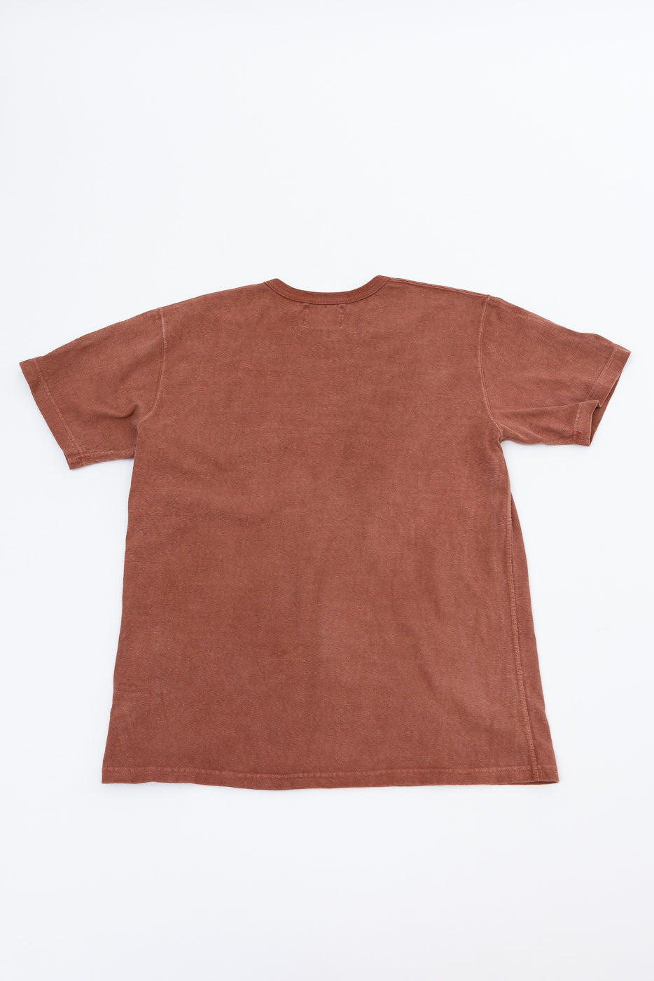 Flat lay back view of rust-colored short-sleeve tee, showing crew neck and hem details, casual apparel
