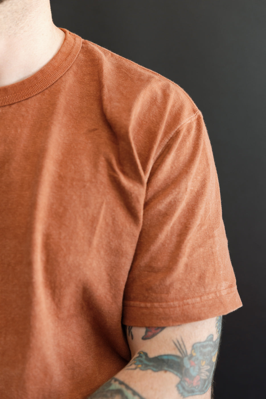 Close-up front view of rust-colored tee, male model 5'9