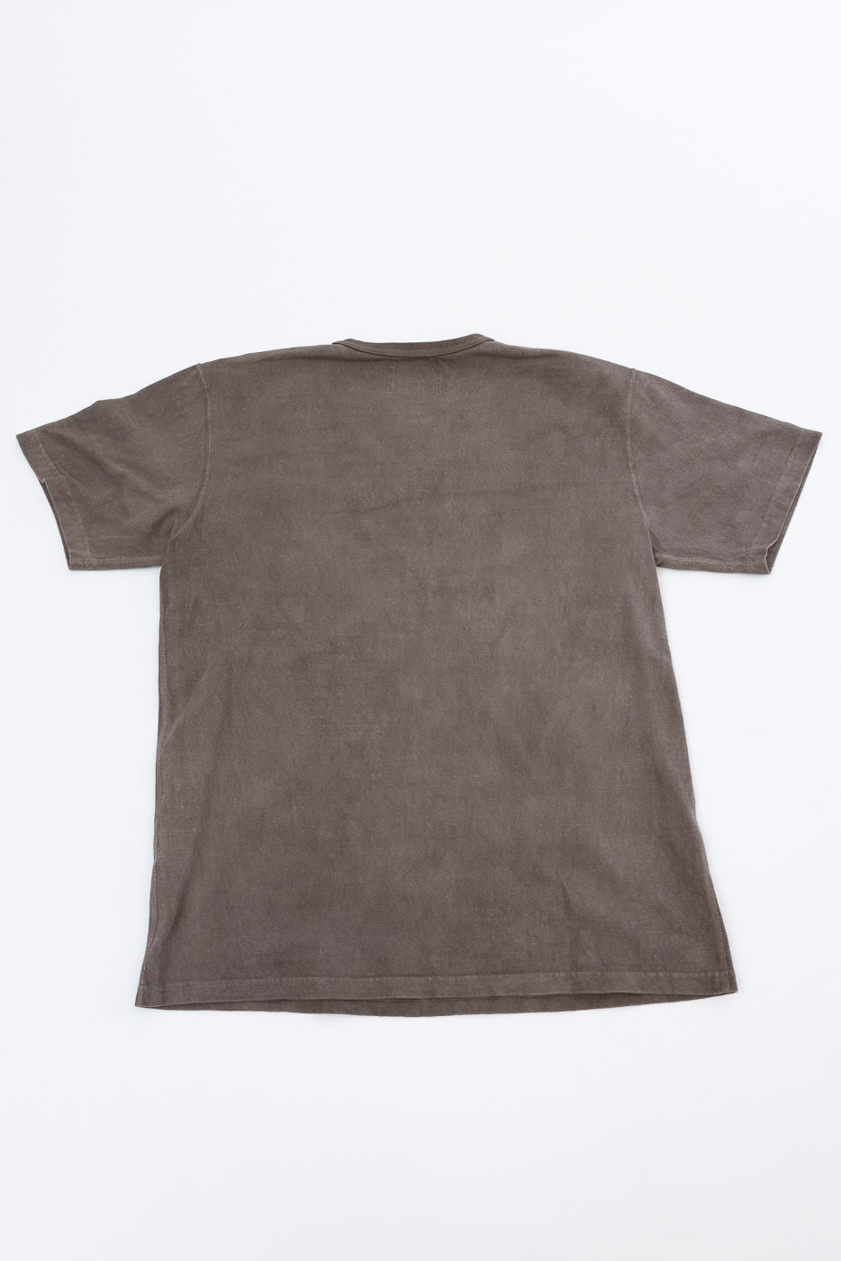 Flat lay back view of dark gray short-sleeve tee, showing hem and shoulder seams, no graphics
