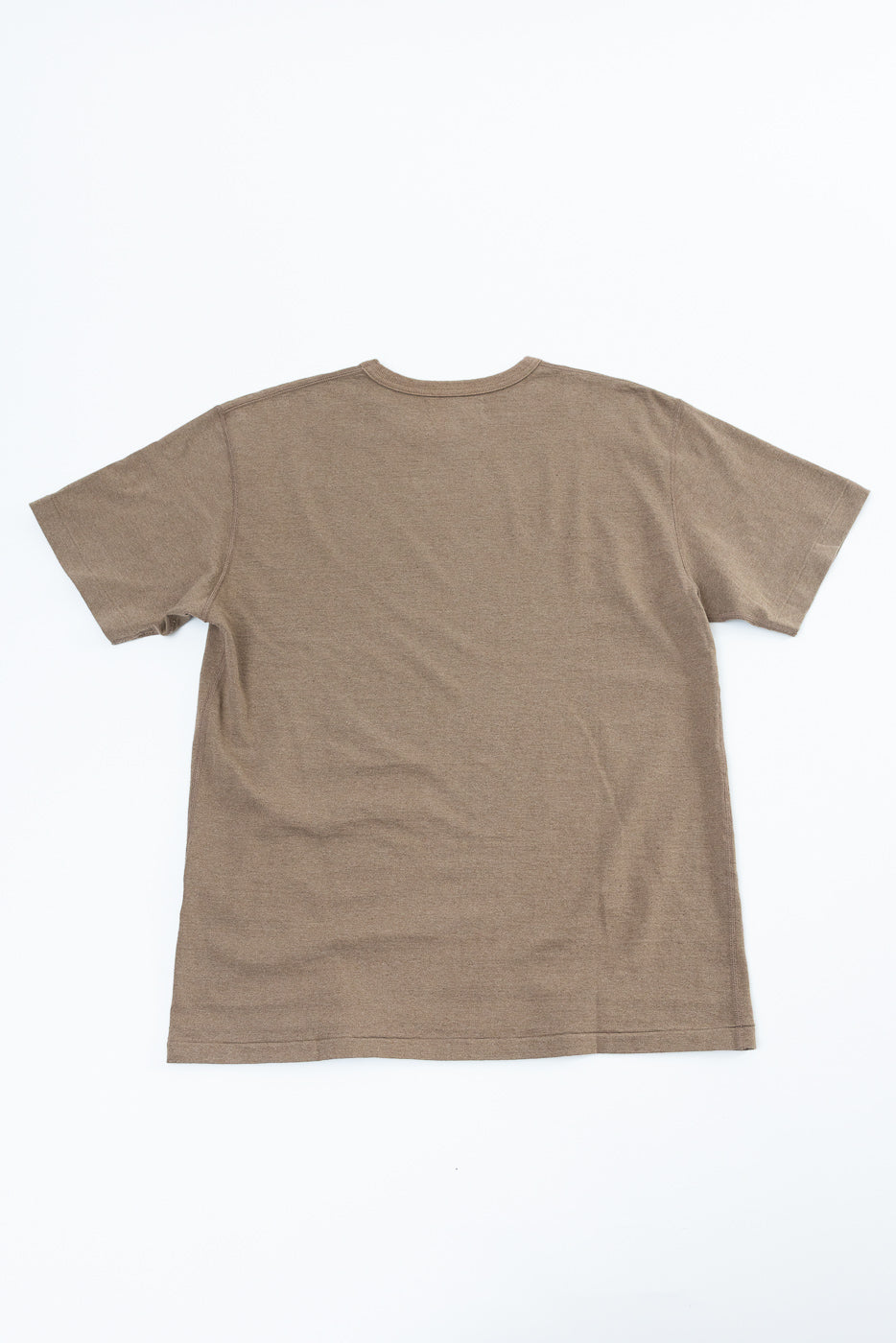 Back view flat lay of a brown crew neck t-shirt with short sleeves and clean hem, showcasing fabric texture.
