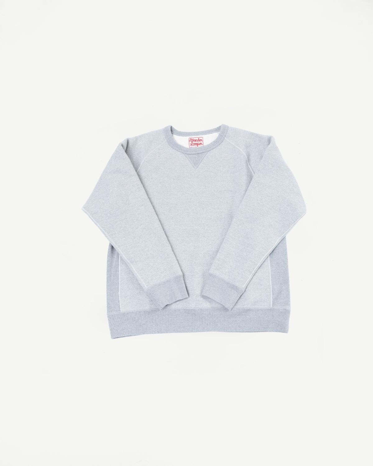 Front view flat lay of a light grey crewneck sweatshirt with ribbed cuffs and hem.