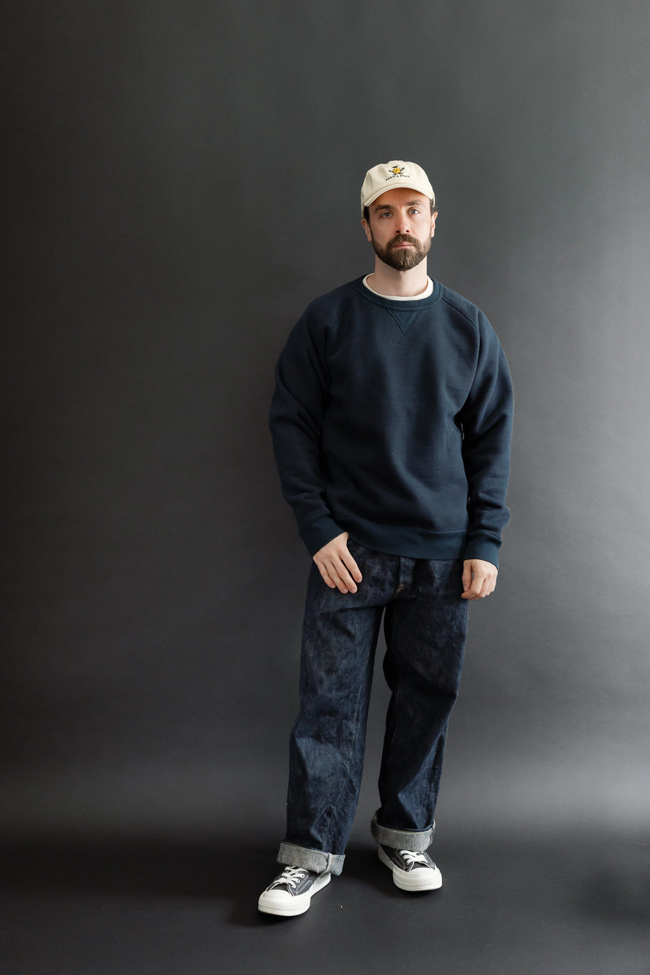 Full body front view of male model, 5'9