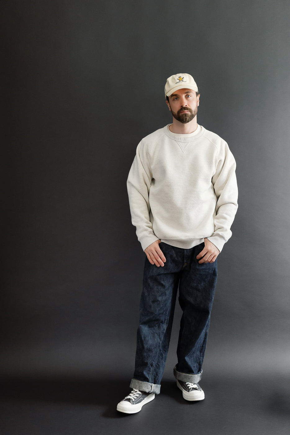 Full body front view of a male model (5'9