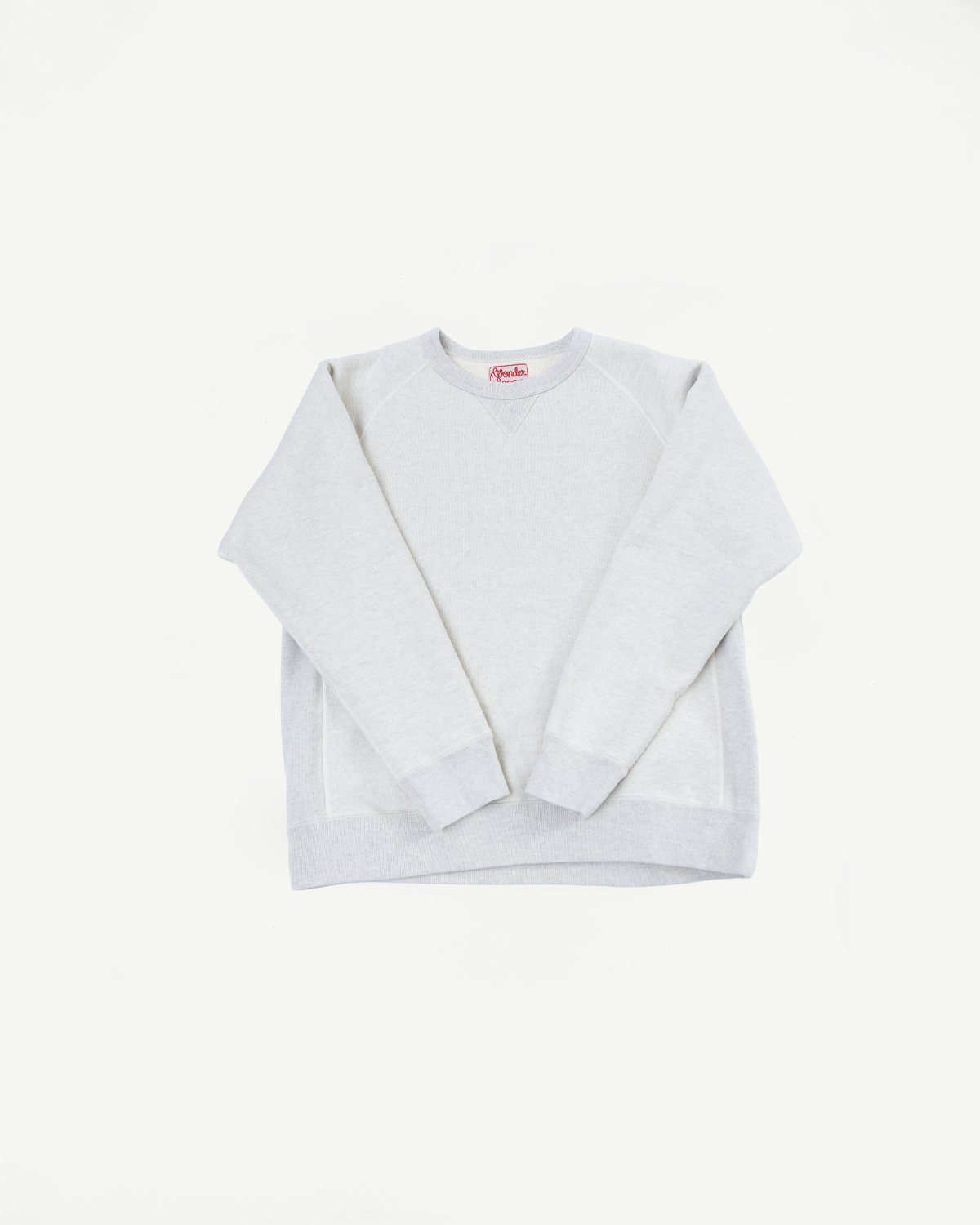 Front view flat lay of a light grey crewneck sweatshirt with a visible brand tag at the collar.
