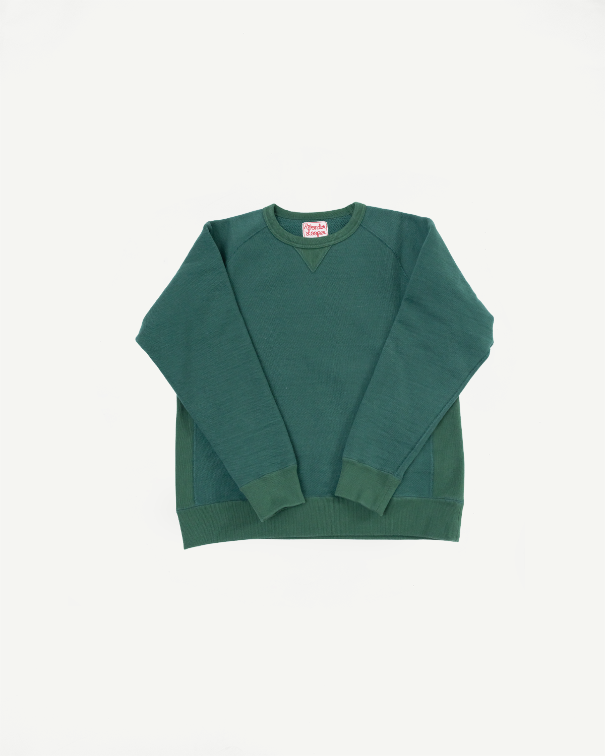 Flat lay front view of a dark green long-sleeve crewneck sweatshirt with a red brand tag.