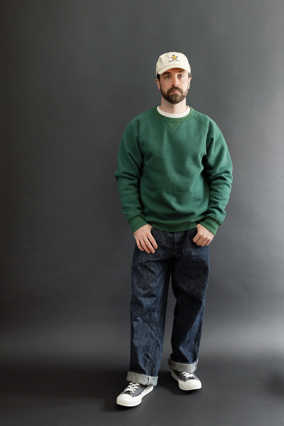 Full body front view of male model, 5'9