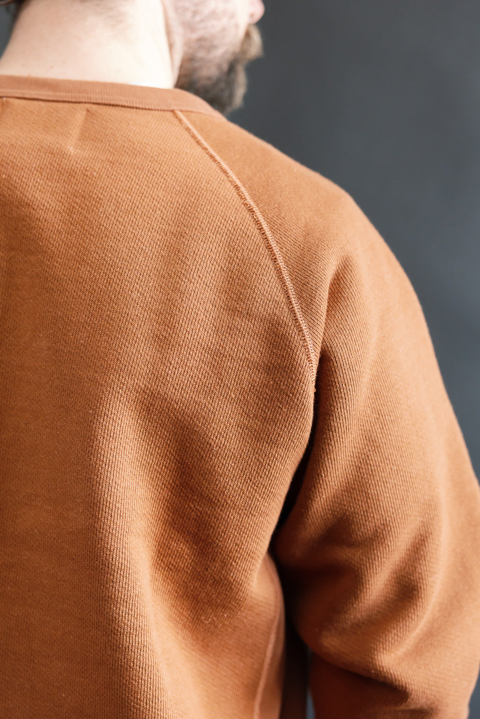 Close-up of Wonder Looper rust pullover crewneck back shoulder seam on male model, showing French terry fabric texture.