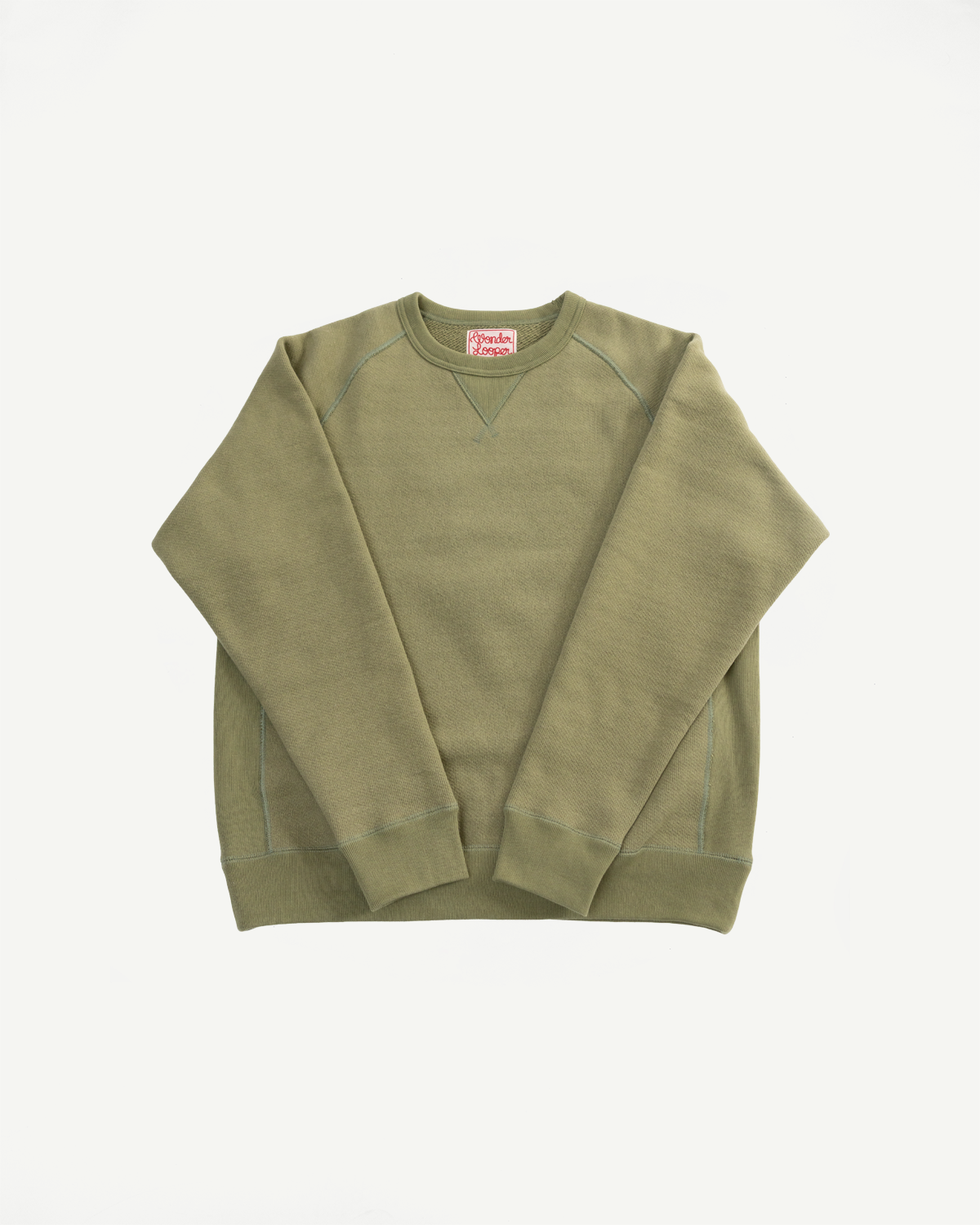 Front flat lay of sage green Wonder Looper pullover crewneck, heavyweight French terry