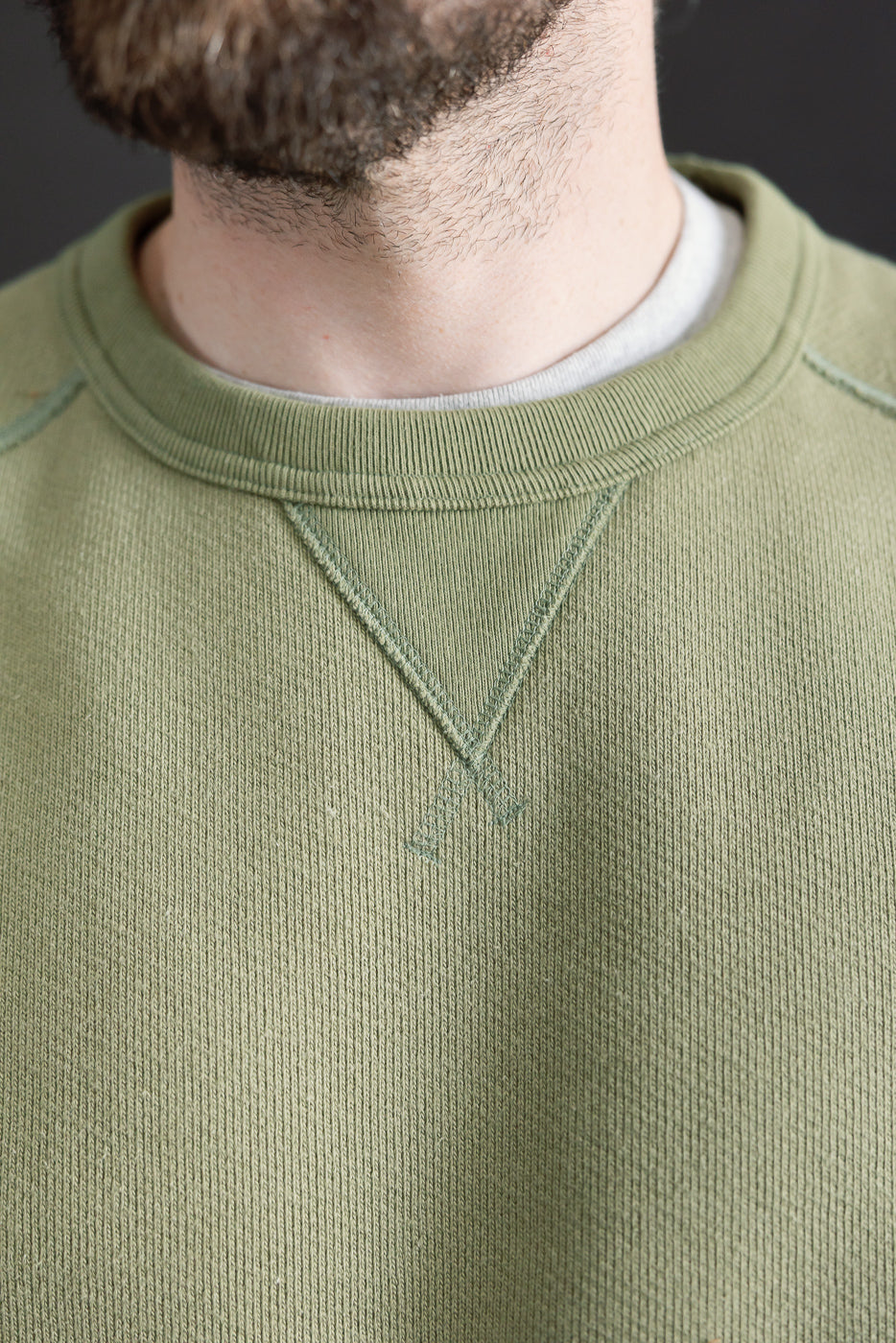 Close-up of male model wearing sage green crewneck pullover, front neckline detail, athletic build