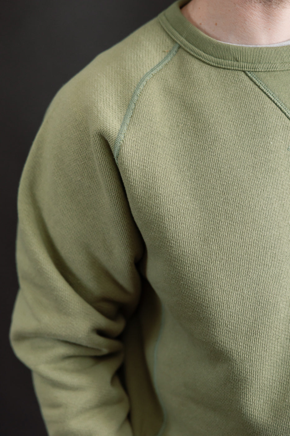 Close-up front detail of sage green heavyweight French terry crewneck on male model, showing fabric texture and raglan seam, Dant contemporary casual apparel.