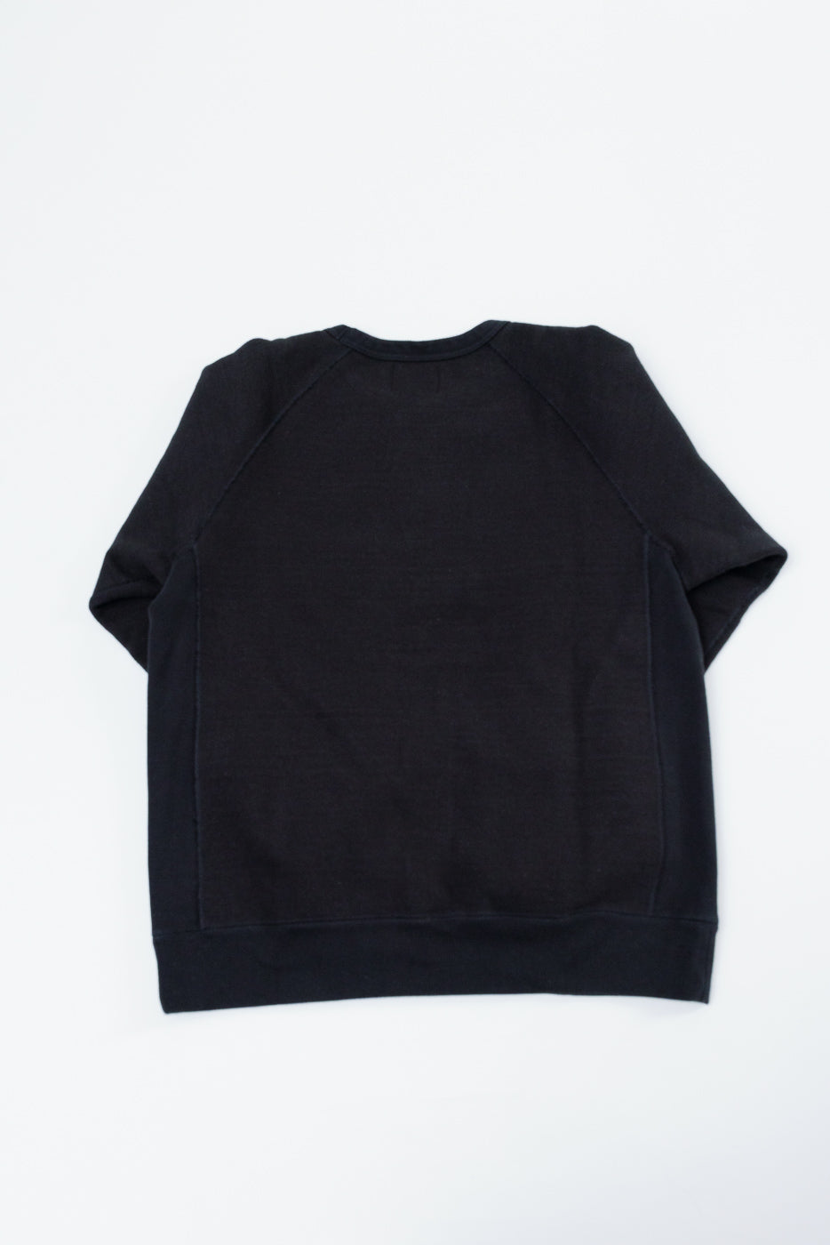Back view flat lay of a black raglan sleeve sweatshirt.