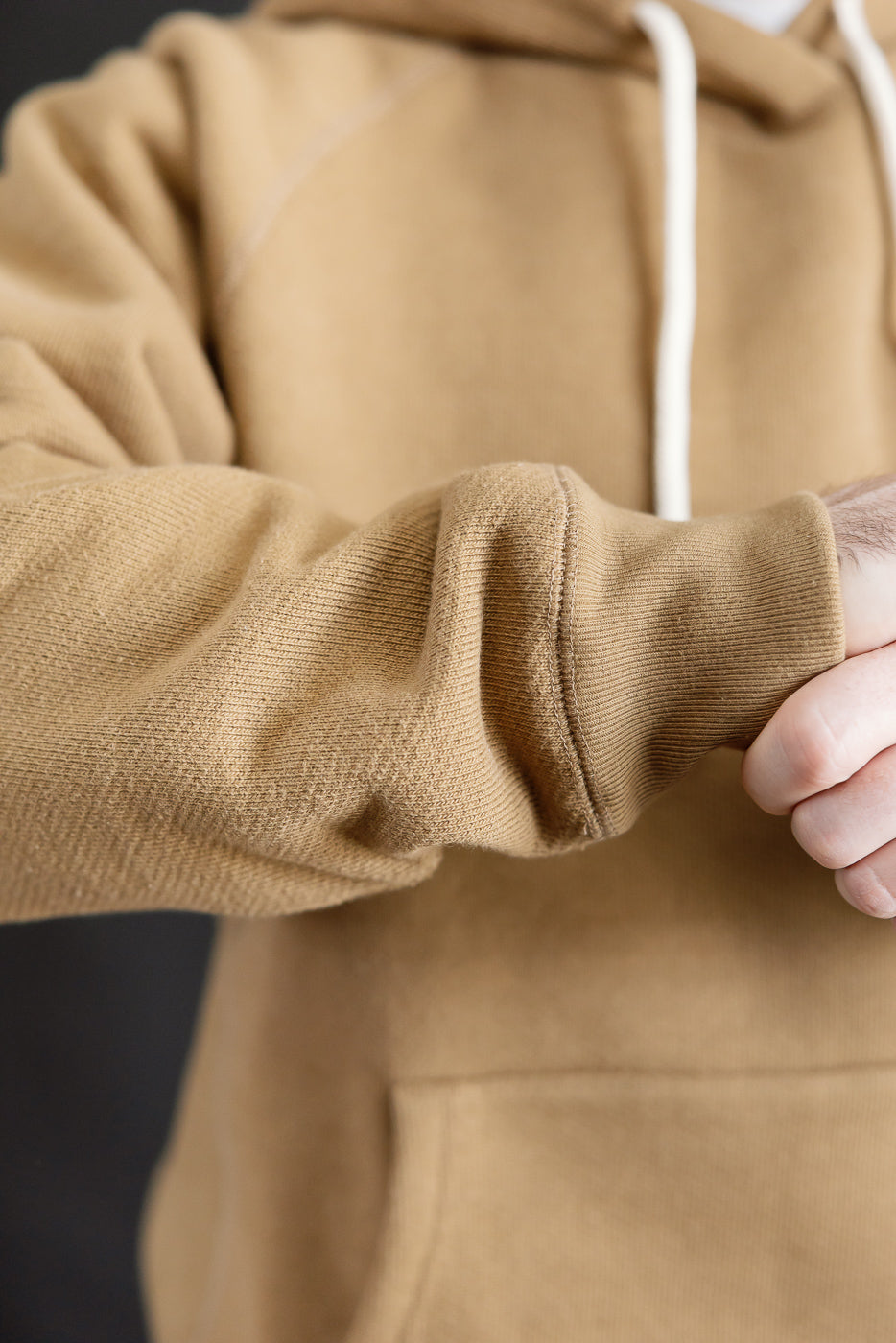 Close-up of cuff and sleeve texture on Wonder Looper Dune French Terry pullover hoodie, male model