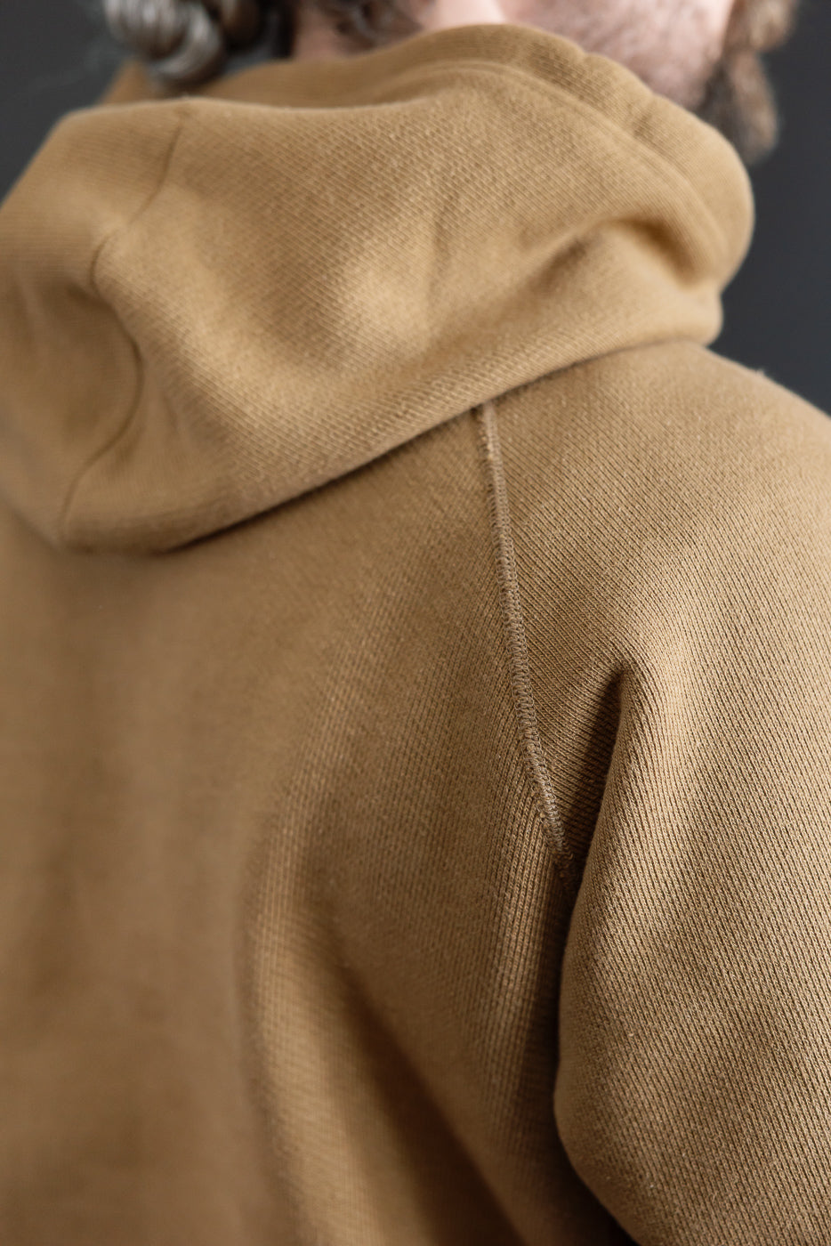 Close-up of male model's upper back and hood, dune French terry pullover hoodie, rear view