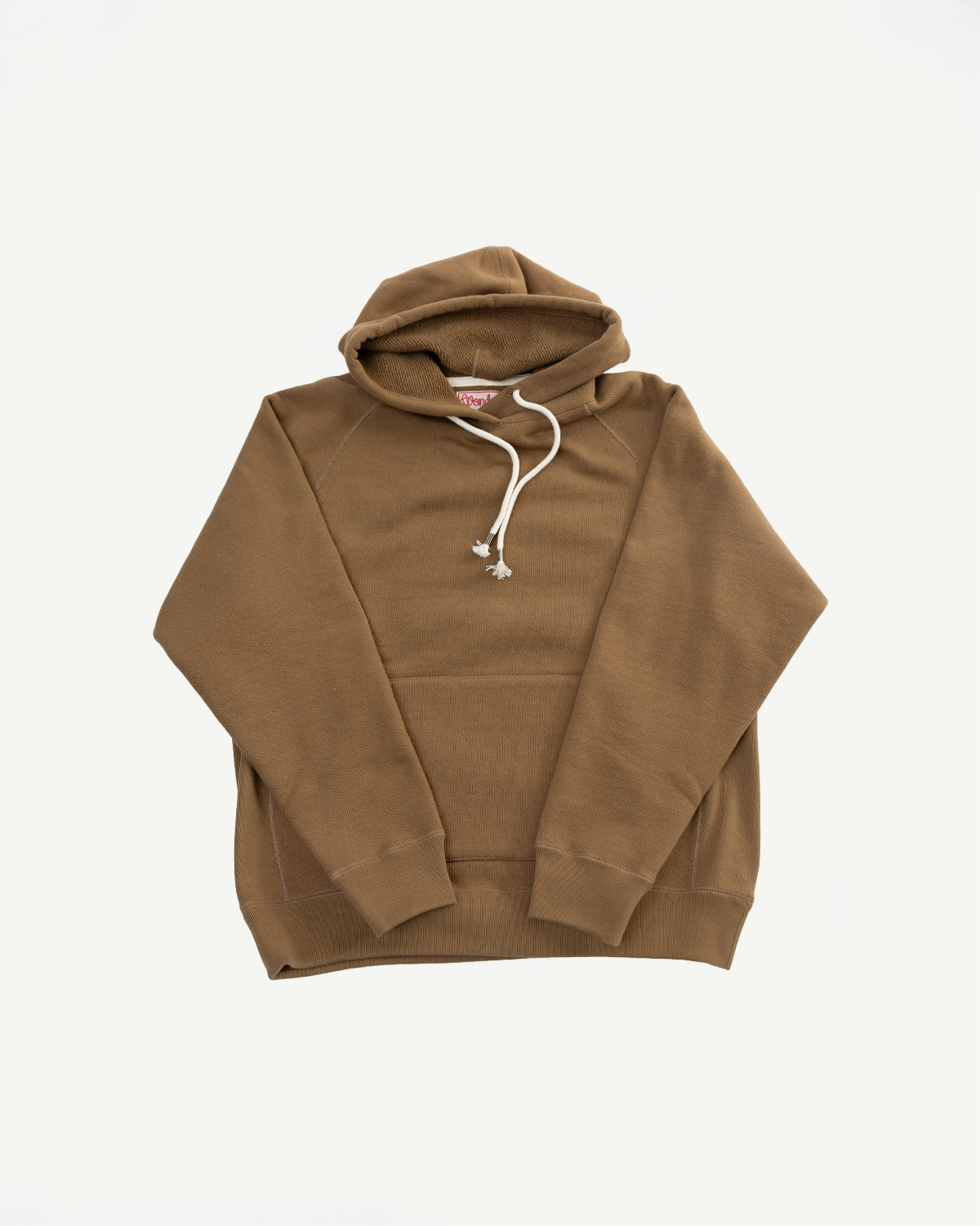 Flat lay front view of brown heavyweight French terry pullover hoodie with white drawstring, Dant