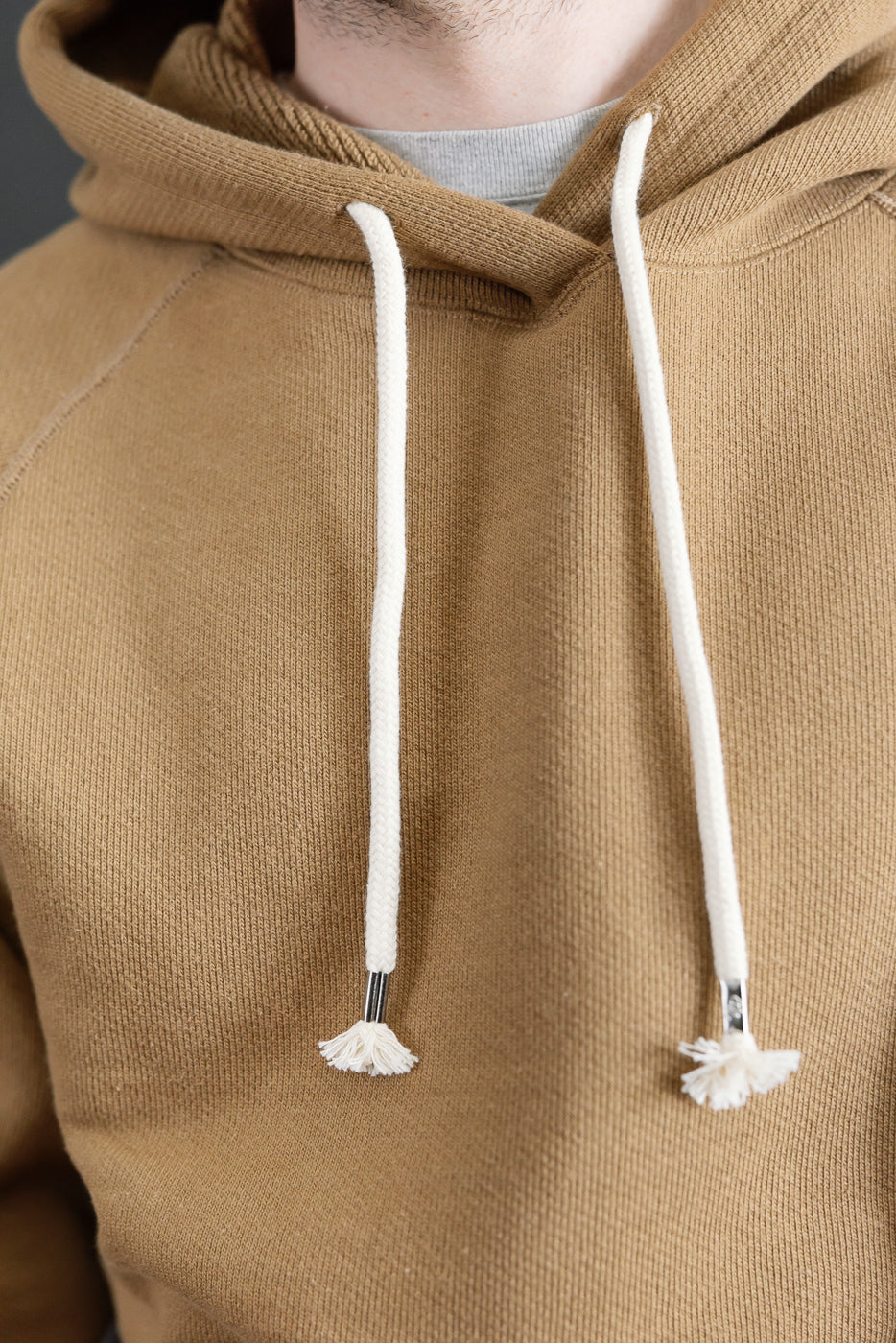 Close-up front of Wonder Looper double heavyweight French terry dune hoodie, hood and drawstrings, male model, Dant