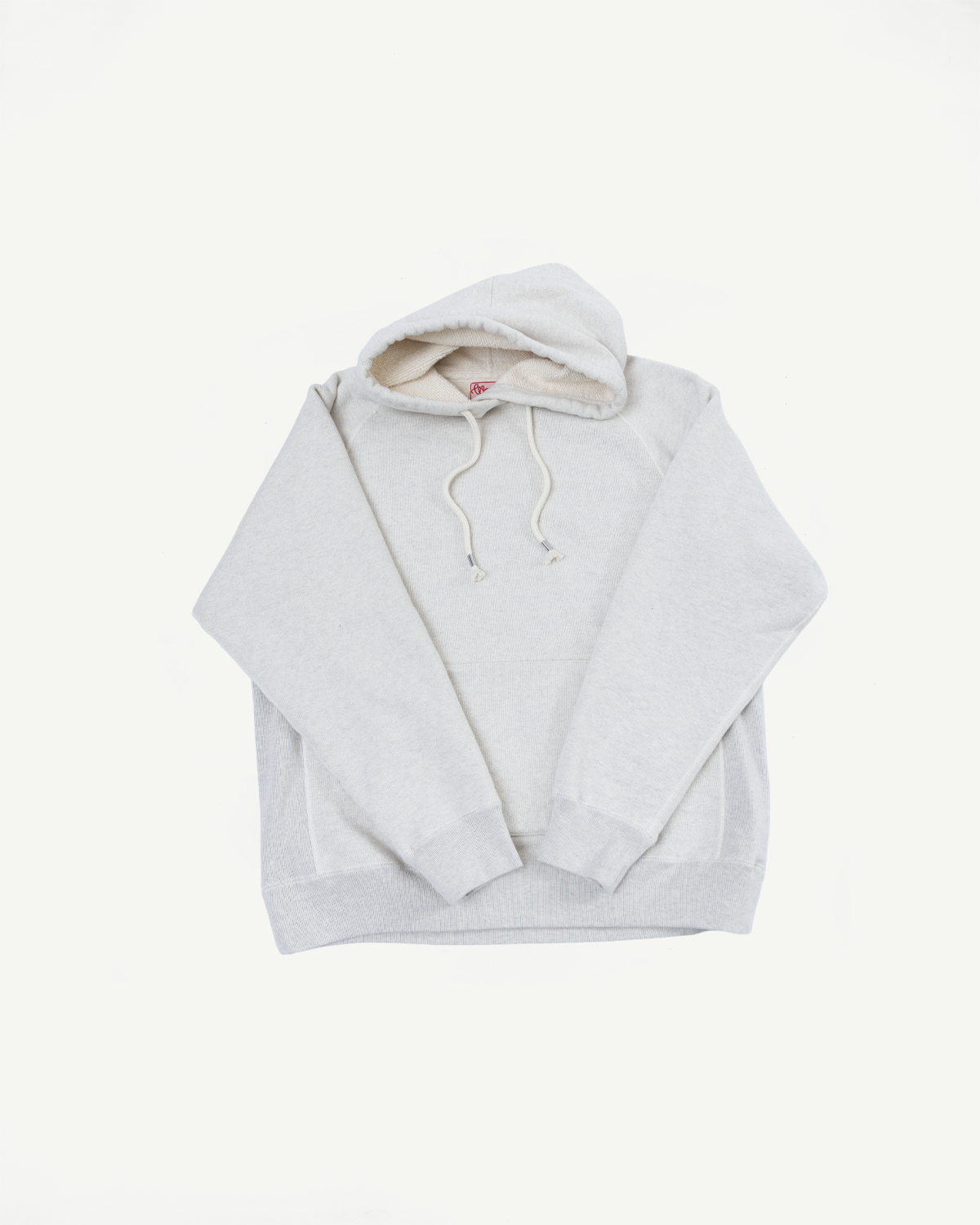 Front view flat lay of a light grey pullover hoodie with drawstring hood.