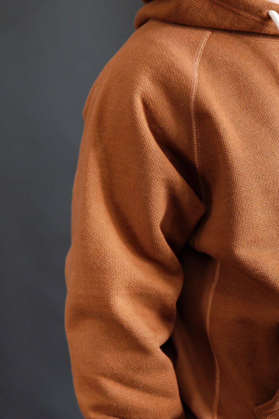 Close-up of right sleeve and shoulder of rust French terry hoodie, detailed fabric texture, male model