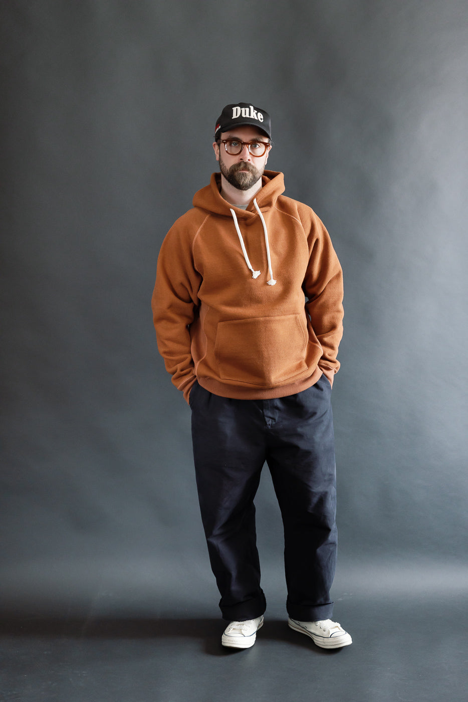 Full body front view of male model 5'9