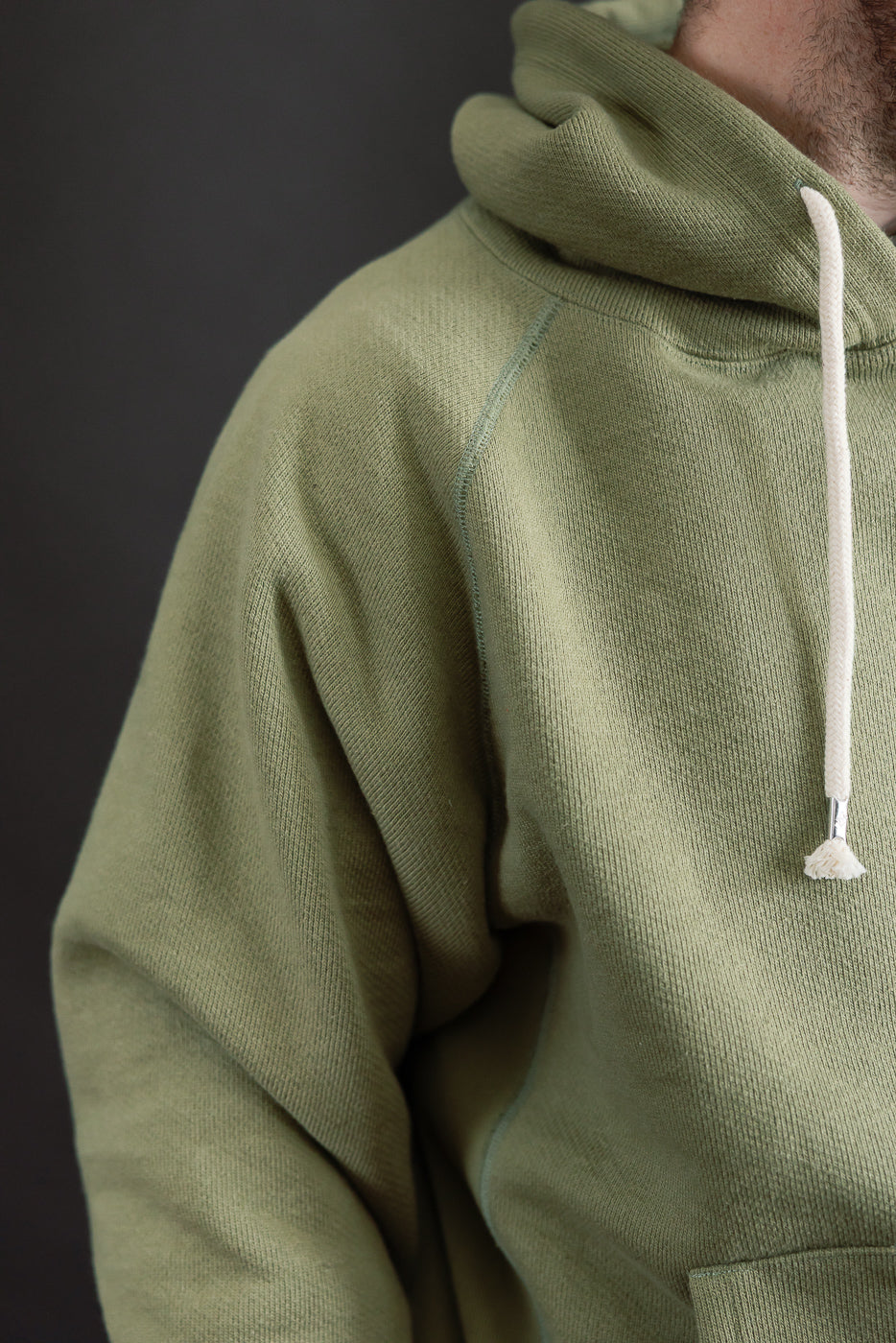 Close-up of sage green Wonder Looper pullover hoodie front, French terry texture, on male model 5'9