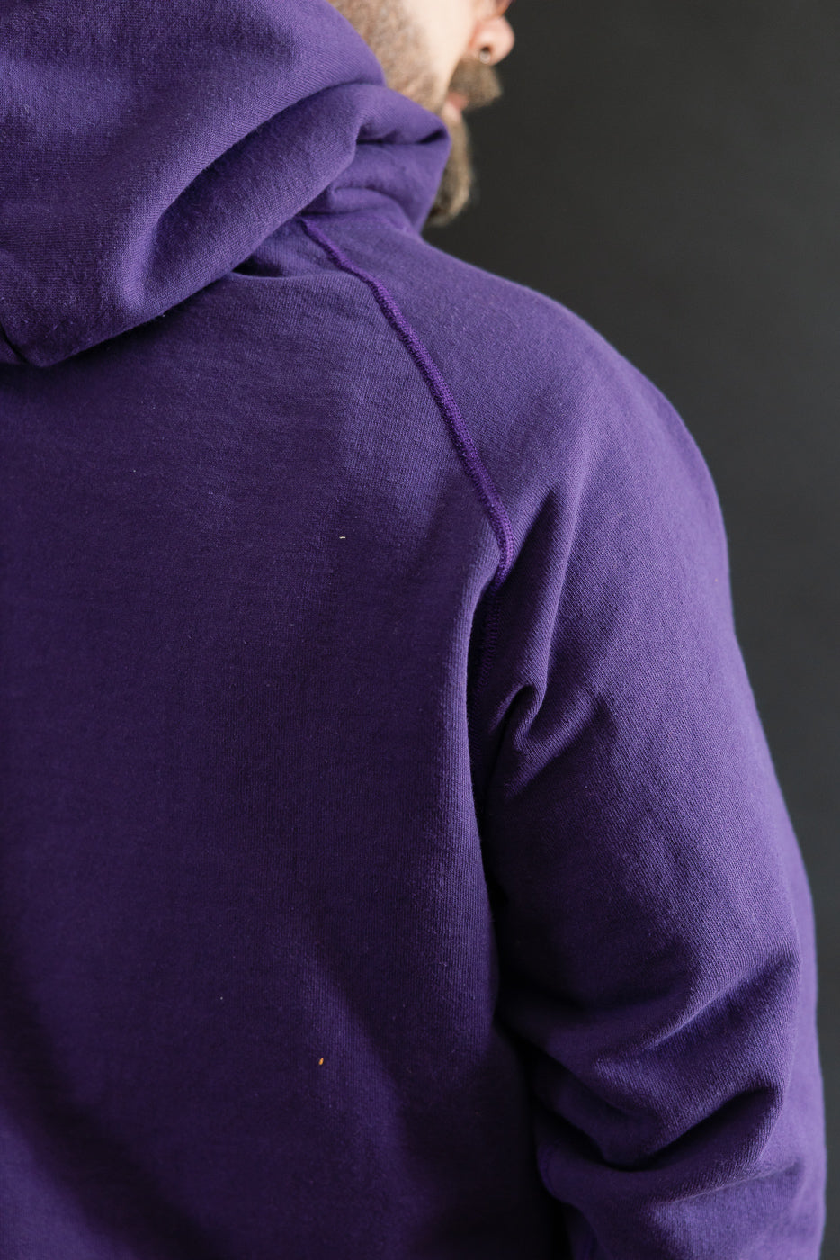 Pullover Hoodie - Super Looper French Terry - Purple, showcasing the back and shoulder seam details, highlighting the hood folded down, reflecting the premium craftsmanship of Japanese fabric from Dant's menswear collection.