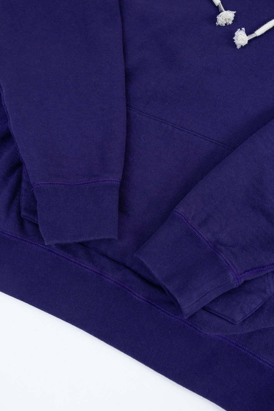 Pullover Hoodie - Super Looper French Terry - Purple, showcasing ribbed cuffs and hem, white drawstring, and part of the kangaroo pocket seam, highlighting its premium Japanese fabric texture and craftsmanship.