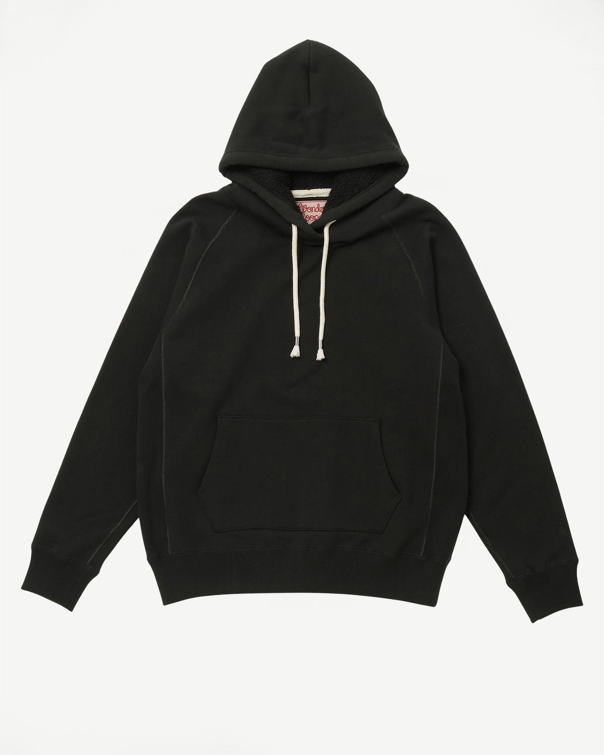 Flat lay front view of black pullover hoodie, showing kangaroo pocket and drawstring hood.