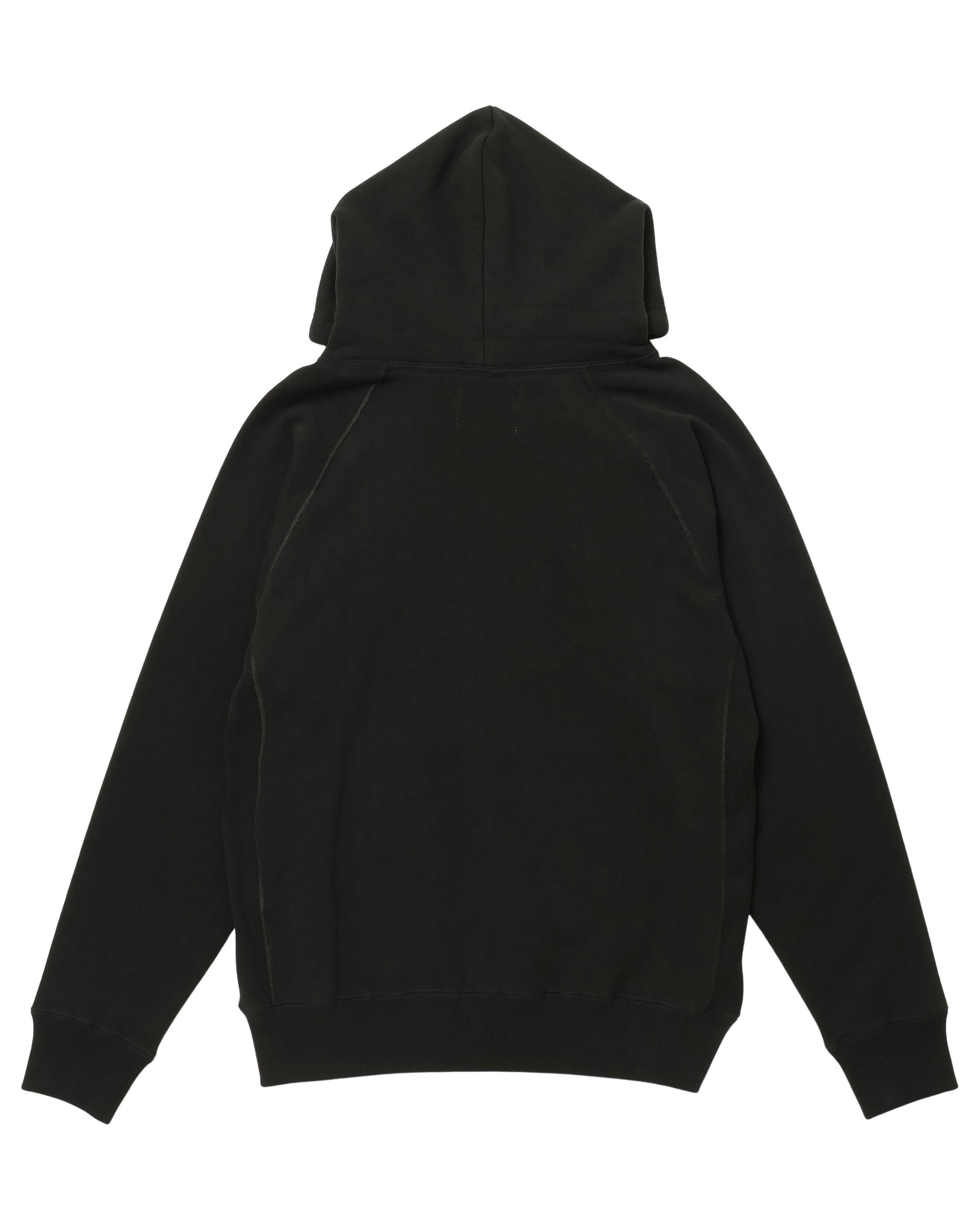 Flat lay of black pullover hoodie, back view, showing hood, raglan sleeves, and ribbed hem.