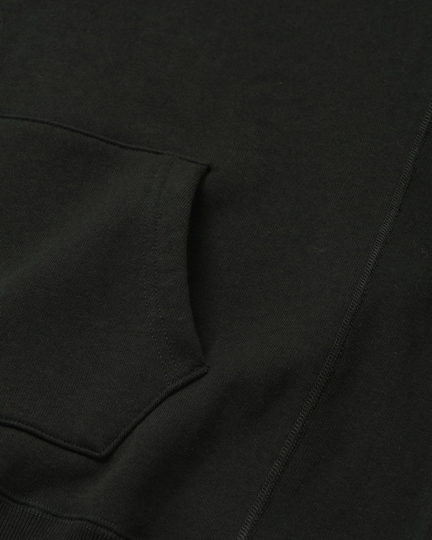 Close-up of front kangaroo pocket and stitching on black French terry pullover hoodie
