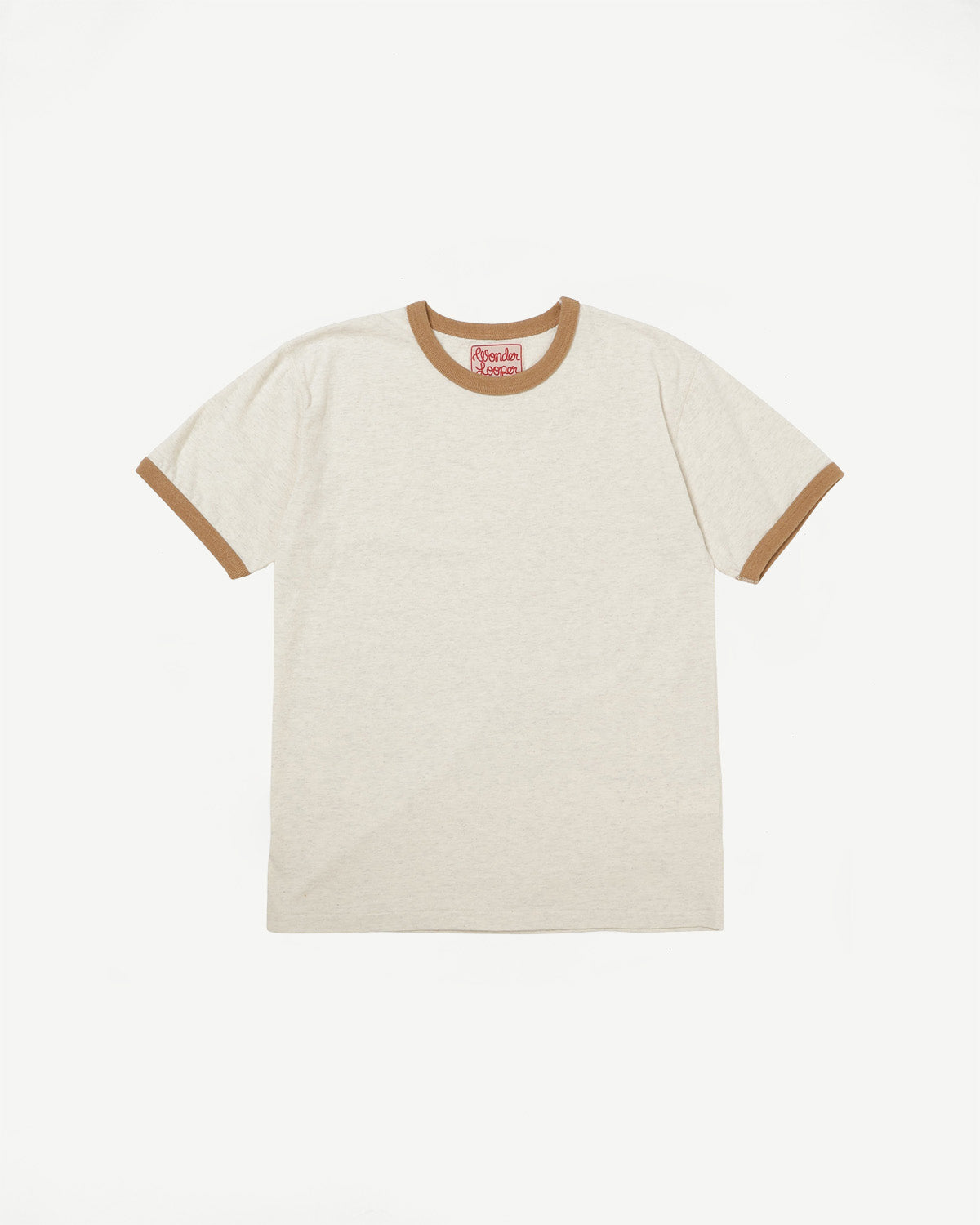 Flat lay of front of sand-colored recycled cotton ringer t-shirt, brown collar and cuffs visible.