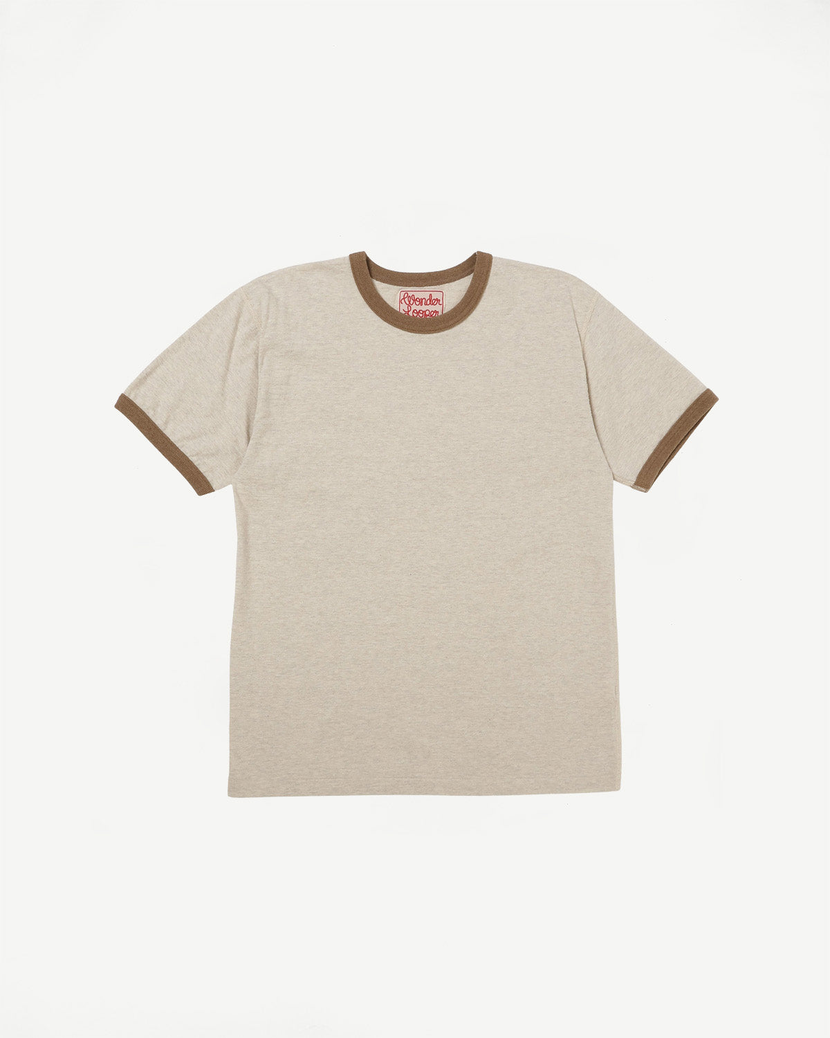 Flat lay of front of recycled cotton ringer t-shirt in stone, showing brown collar and sleeve hems.