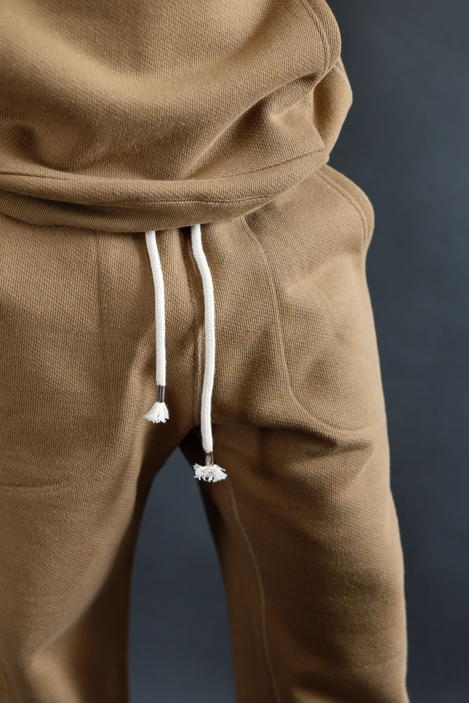 Close-up front view of Wonder Looper Double Heavyweight French Terry sweatpants in dune on 5'9