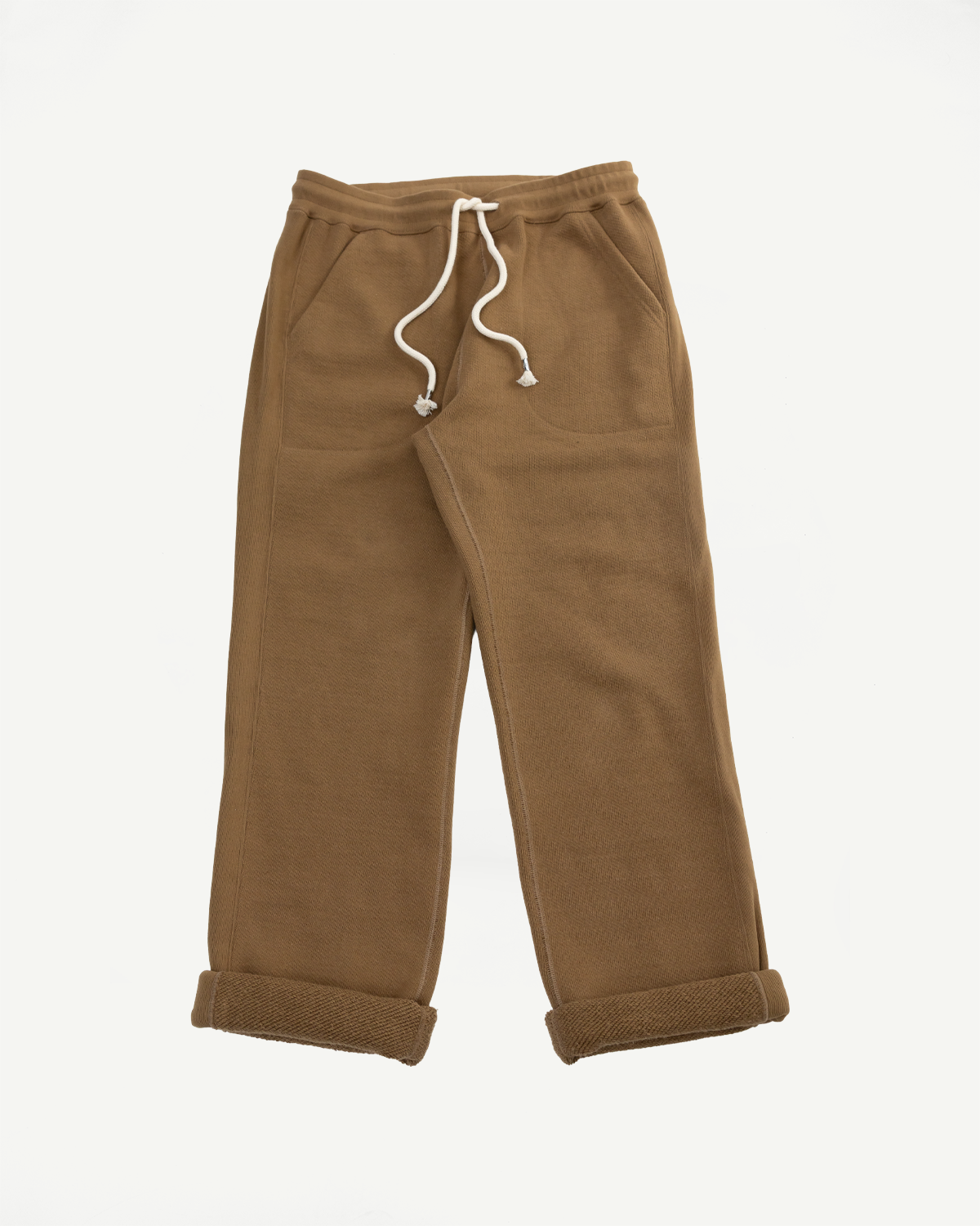Front flat lay of Dant Wonder Looper double heavyweight French terry sweatpant in dune with drawstring and rolled cuffs