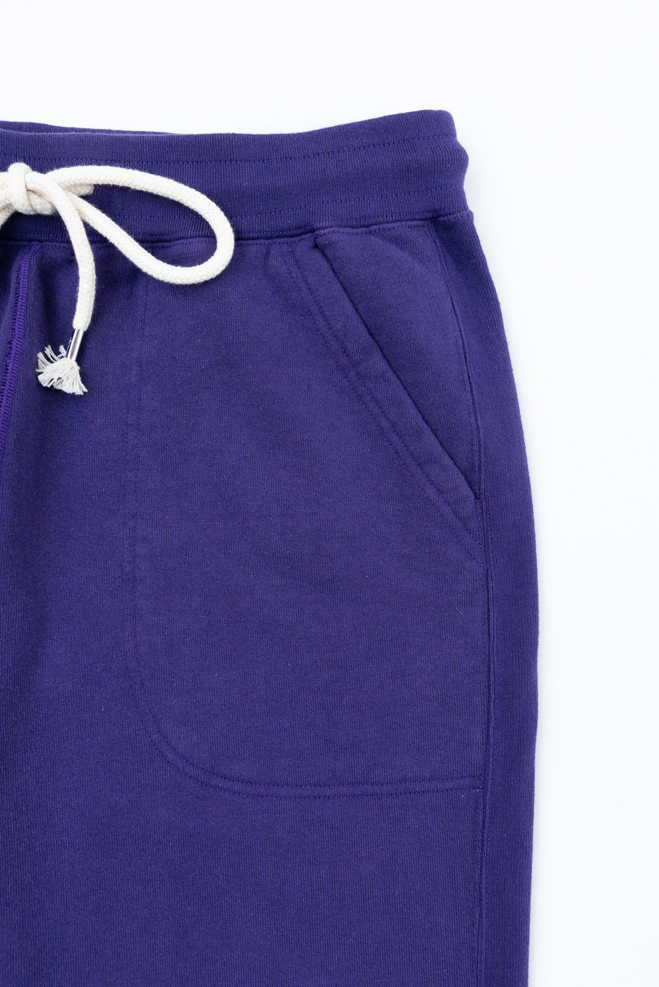 Close-up front view of purple joggers with white drawstring and side pocket detail