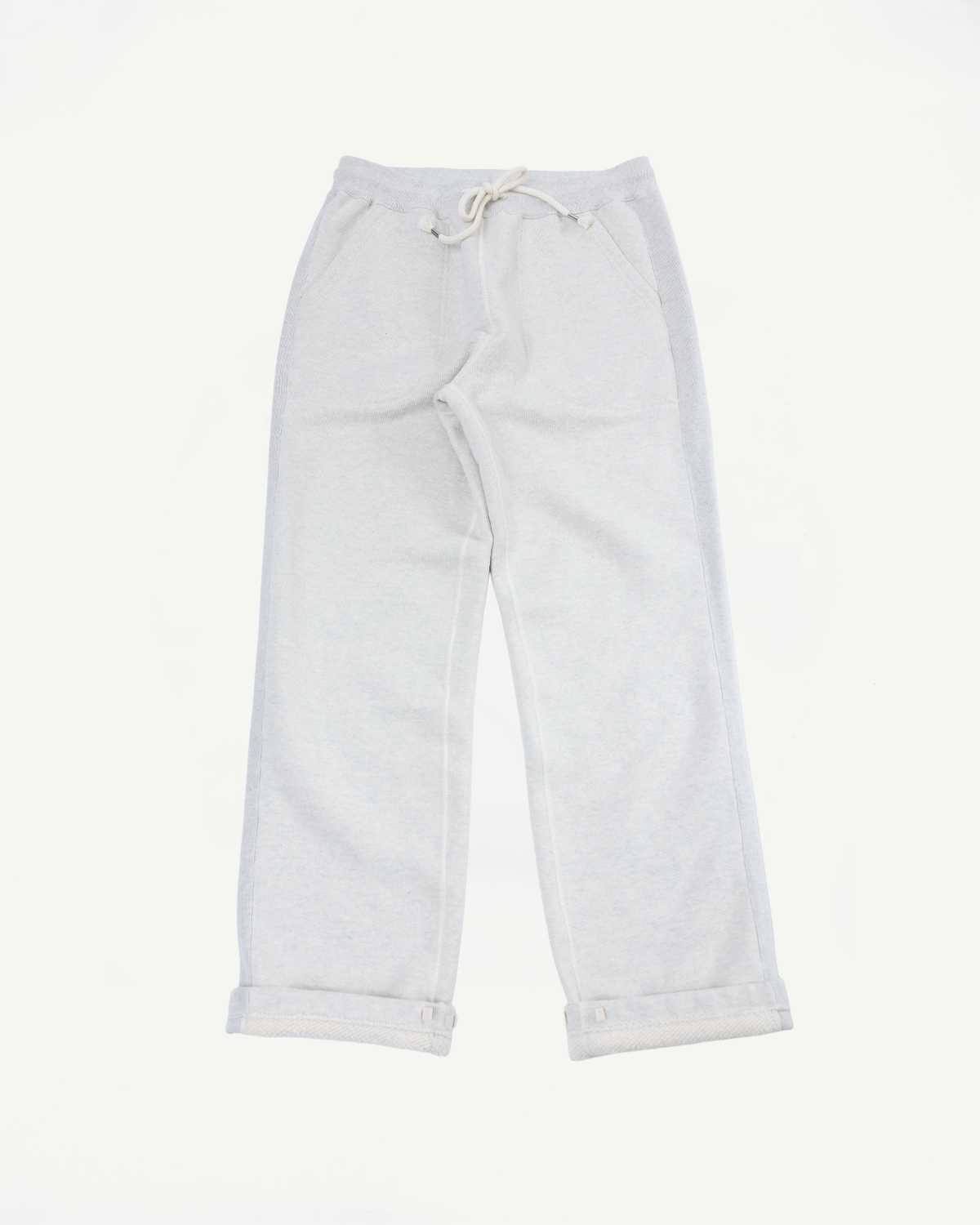 Front view flat lay of white fleece sweatpants with drawstring waist and cuffed hems.