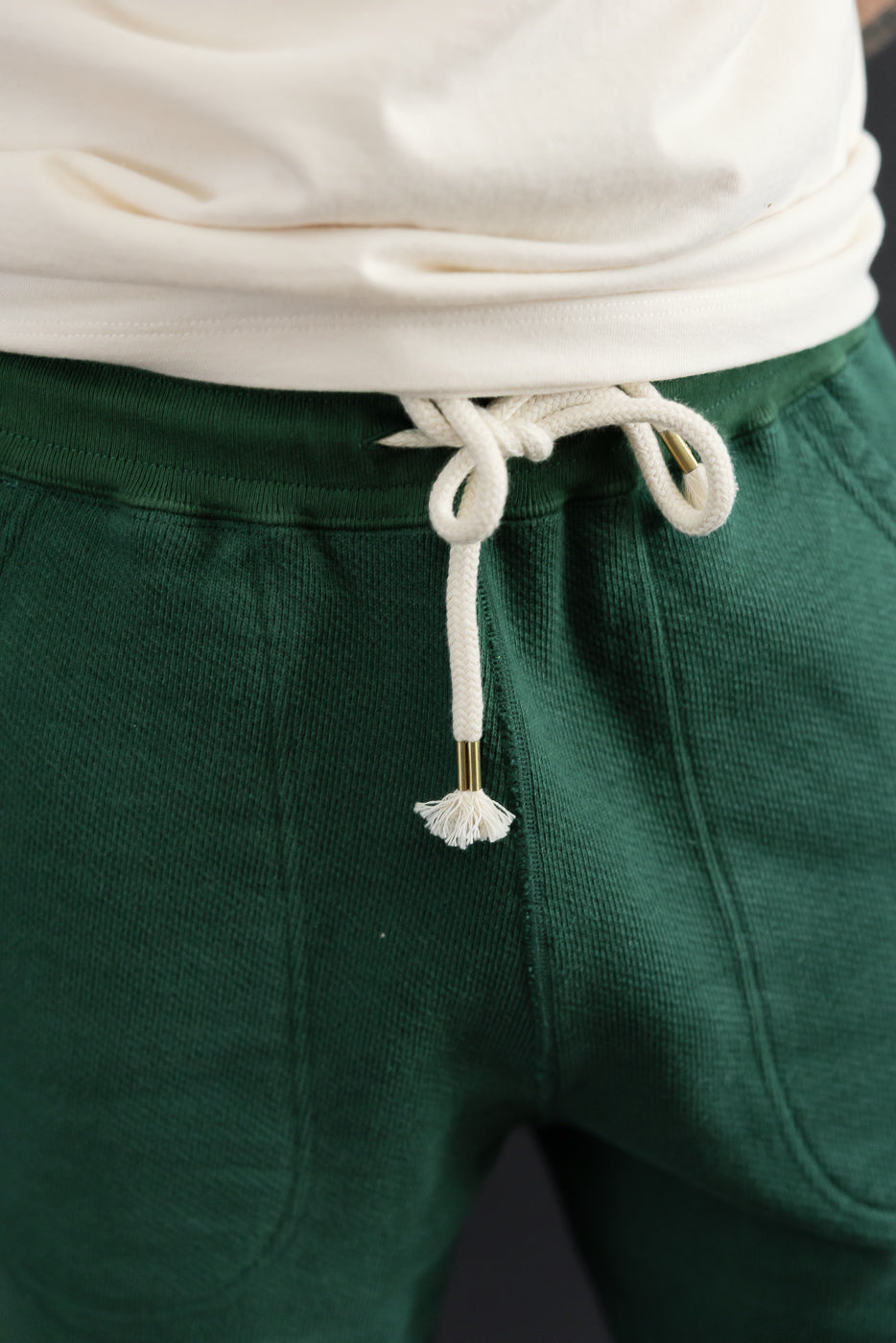 Close-up of the front waistband and white drawstring on green pants worn by a male model.